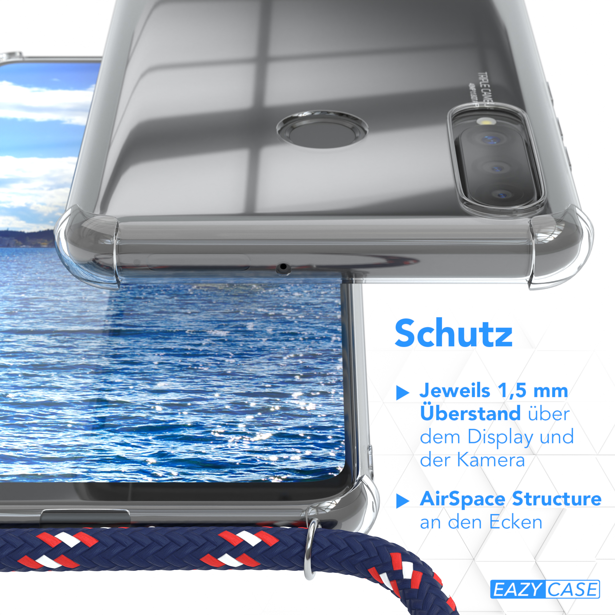 Transparente Handyhülle an einem Telefon, mit einem blau-roten Seil. Der Hintergrund ist Wasser und ein Gebäude.