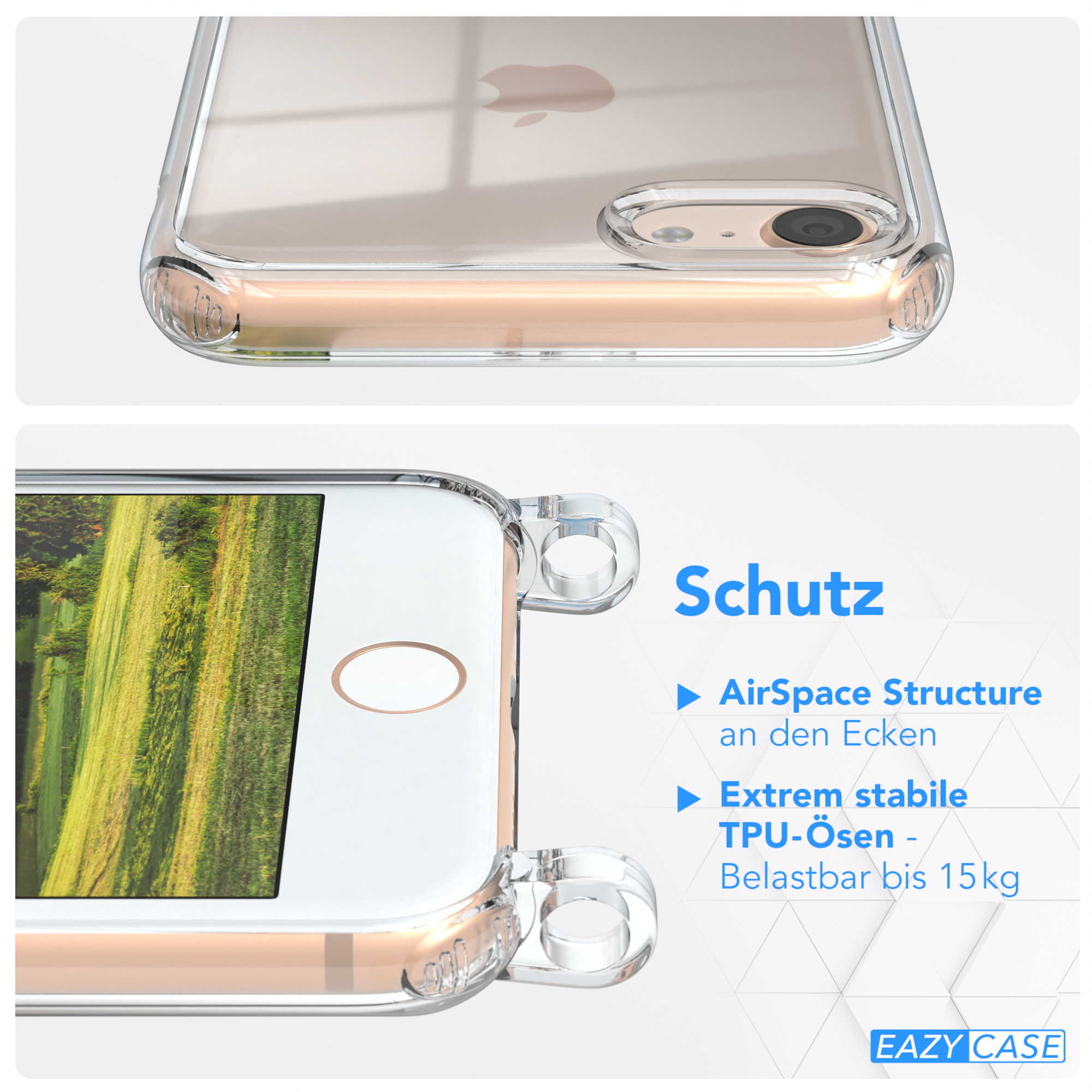 Transparente Handyhülle auf einem weißen Telefon. Zeigt die Gehäusemerkmale mit Logo.