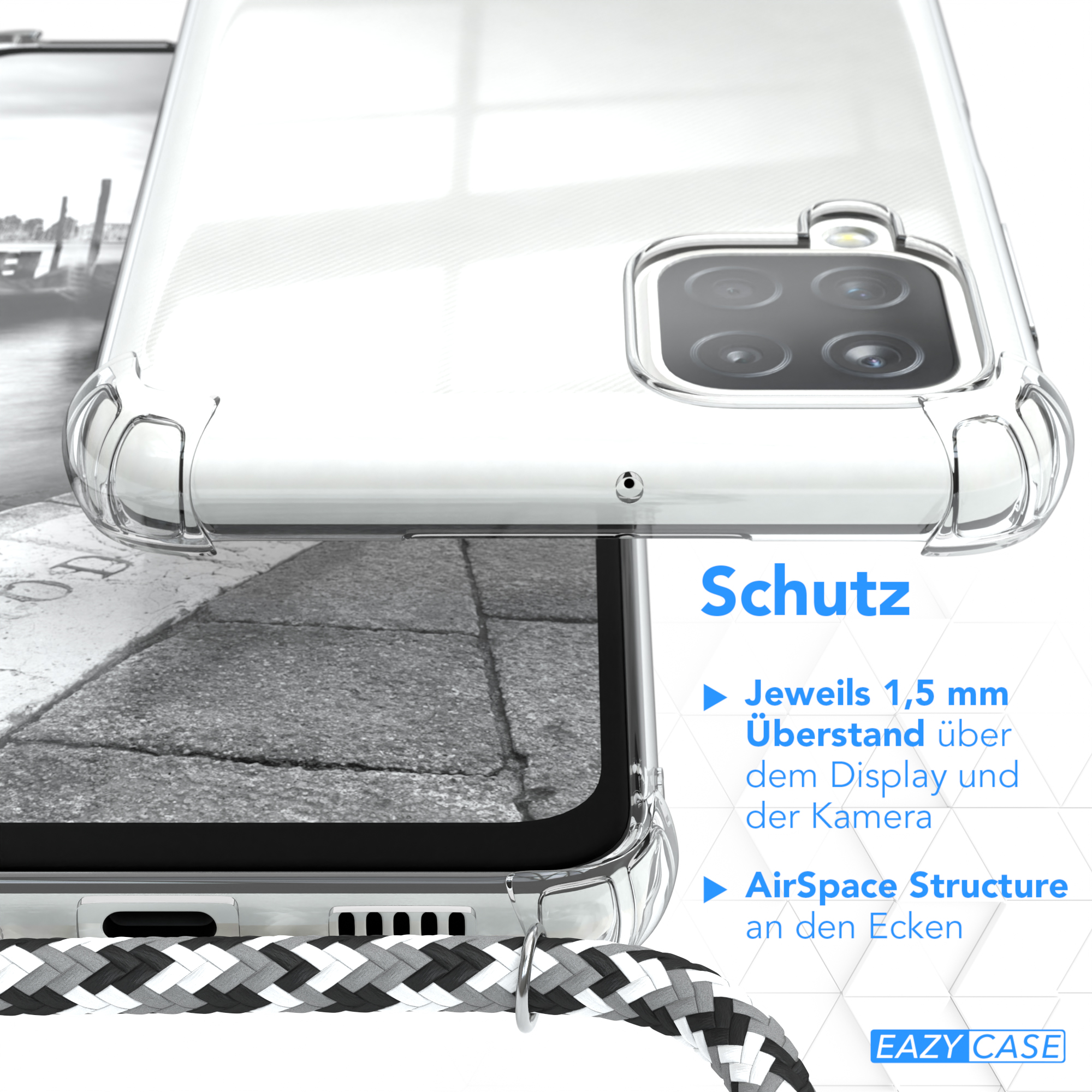 EAZY CASE Clear Cover mit / Schwarz Umhängeband, Clips Camouflage Umhängetasche, A12, Silber Galaxy Samsung