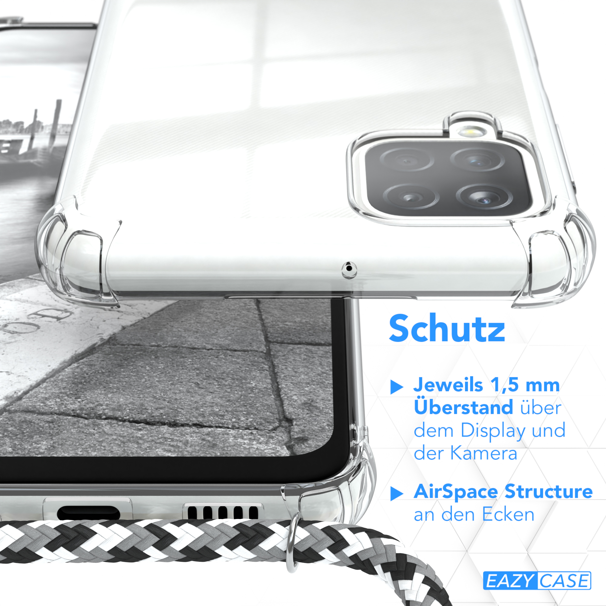 Transparente Handyhülle mit schwarz-weißem Band. Text: Schutz, 1,5 mm Displayabdeckung, AirSpace Structure.