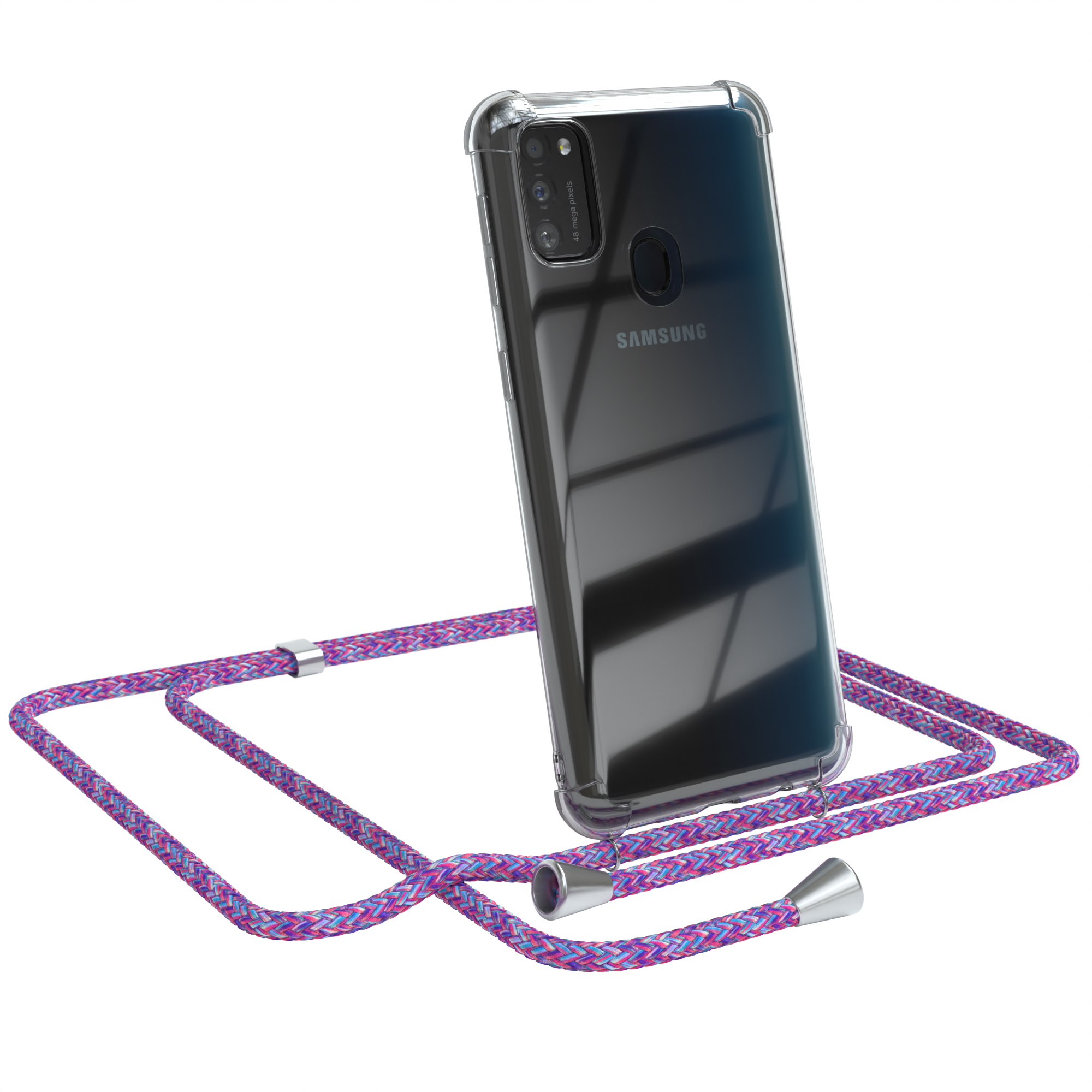 Ein Samsung-Telefon in einer durchsichtigen Hülle mit einem lila-rosafarbenen Umhängeband.