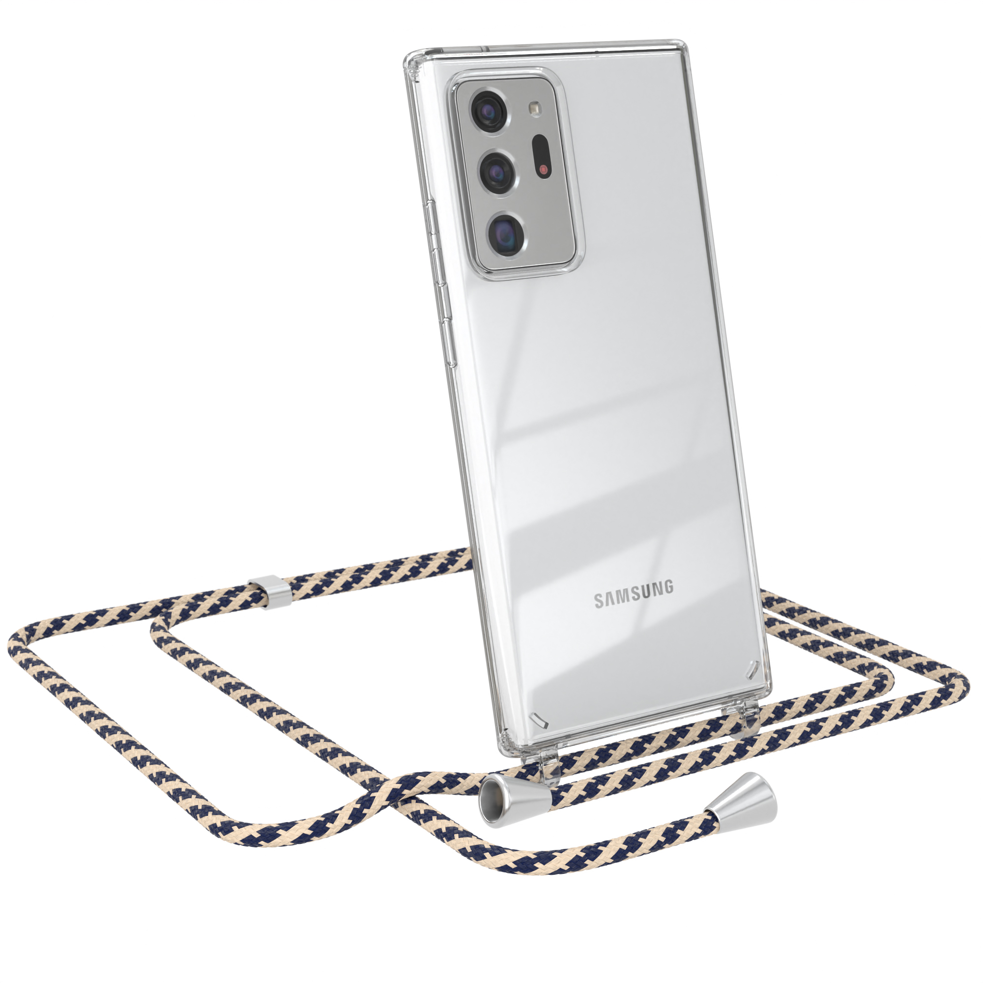 Transparente Handyhülle mit blau-beigem Band. Marke Samsung. Weißer Hintergrund.