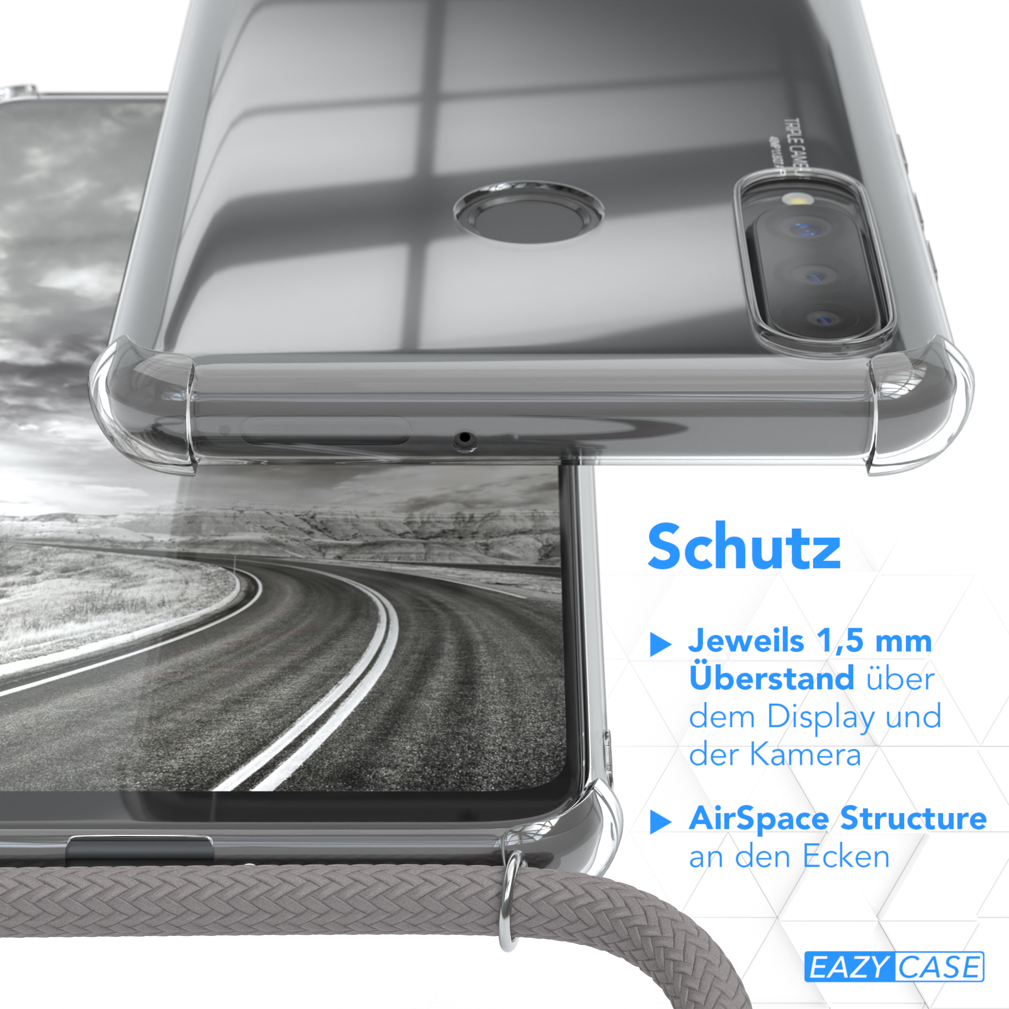 EAZY CASE Clear Cover mit Umhängetasche, Umhängeband, Silber Lite, / Huawei, P30 Grau Clips