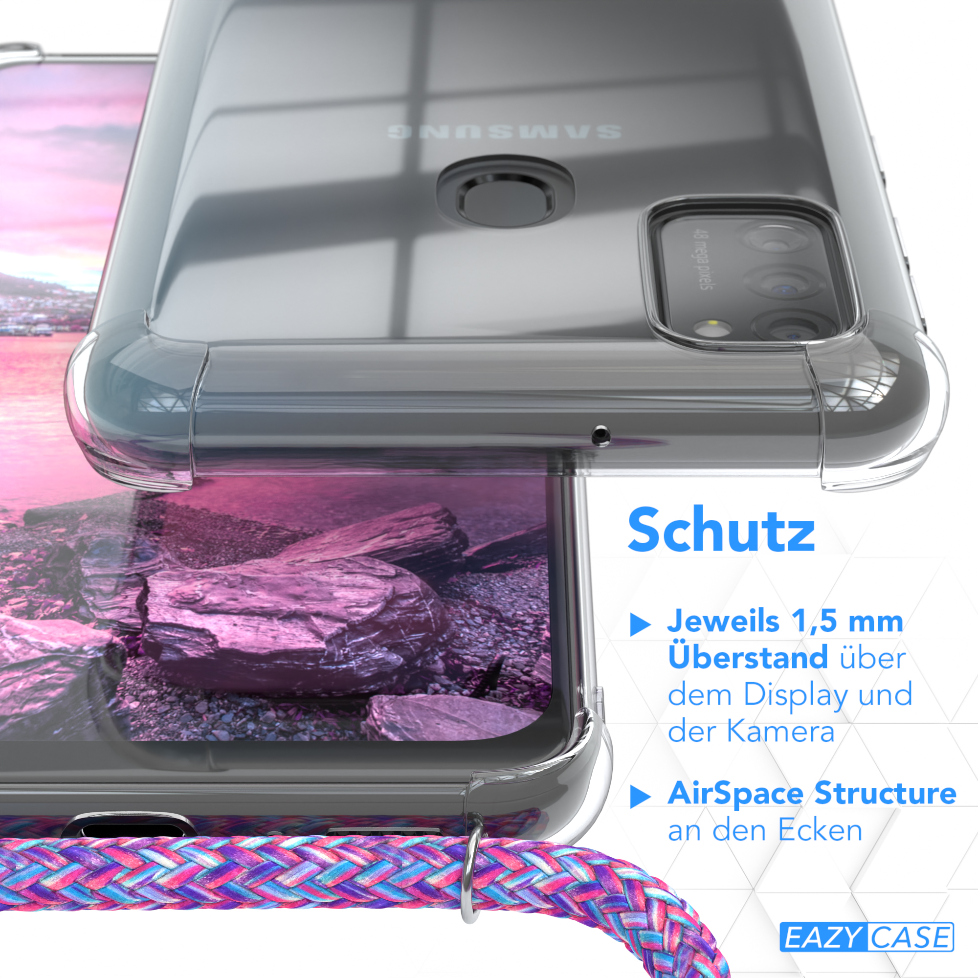 Transparente Handyhülle mit Schutzfunktionen. Telefon befindet sich in der Hülle. Blau-rosa Kabel befestigt.