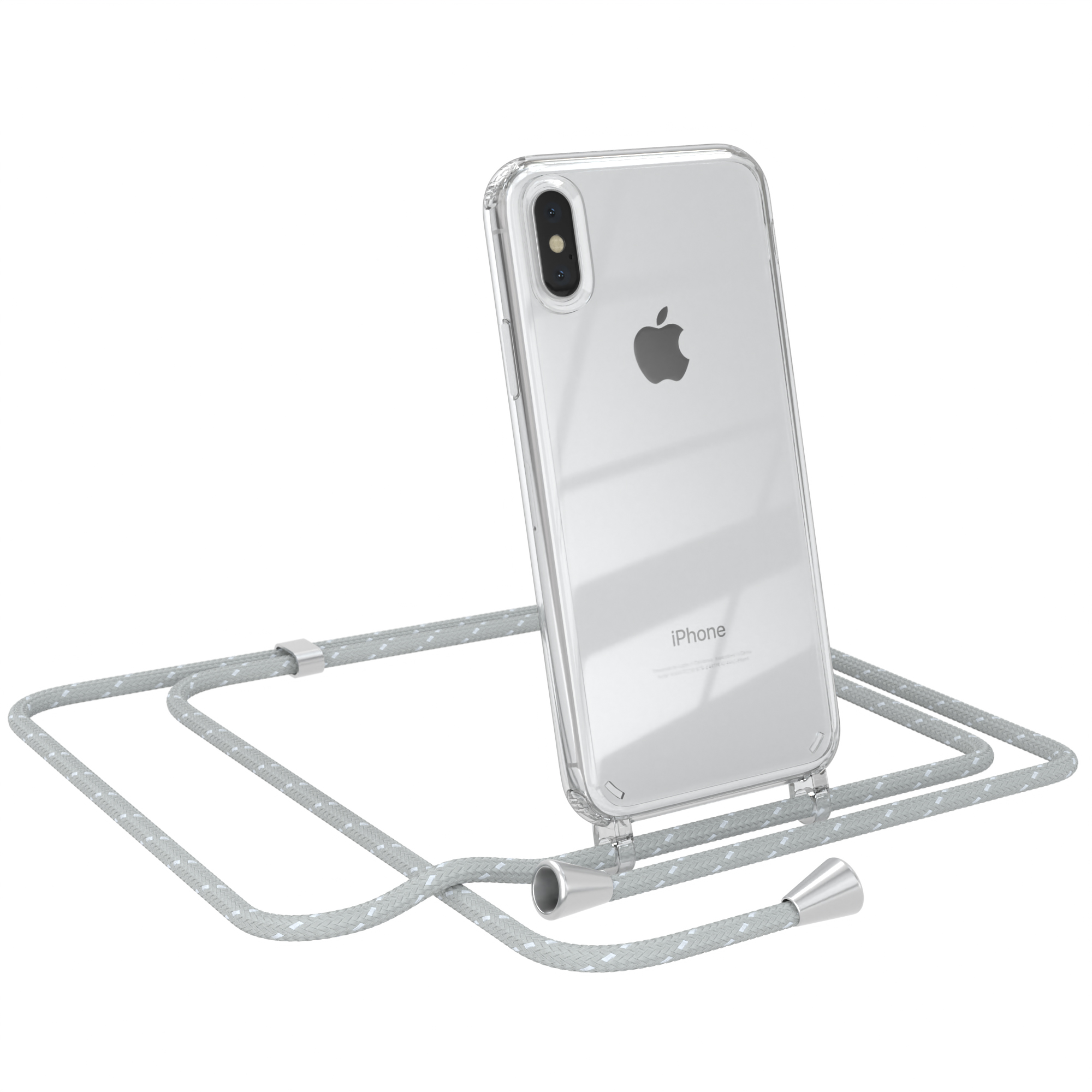 Transparente iPhone-Hülle mit grauem Handystrap auf weißem Hintergrund.