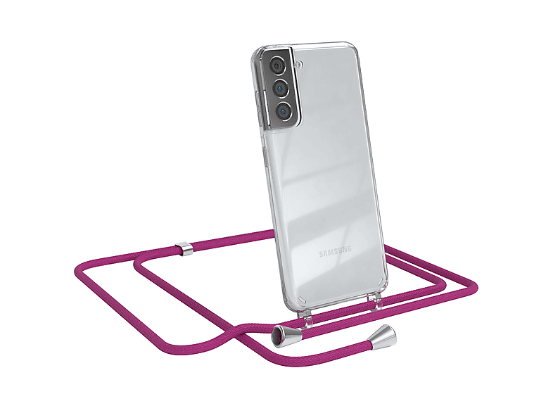 EAZY CASE Clear Cover mit Umhängeband, Umhängetasche, Samsung, Galaxy S21 5G, Pink / Clips Silber