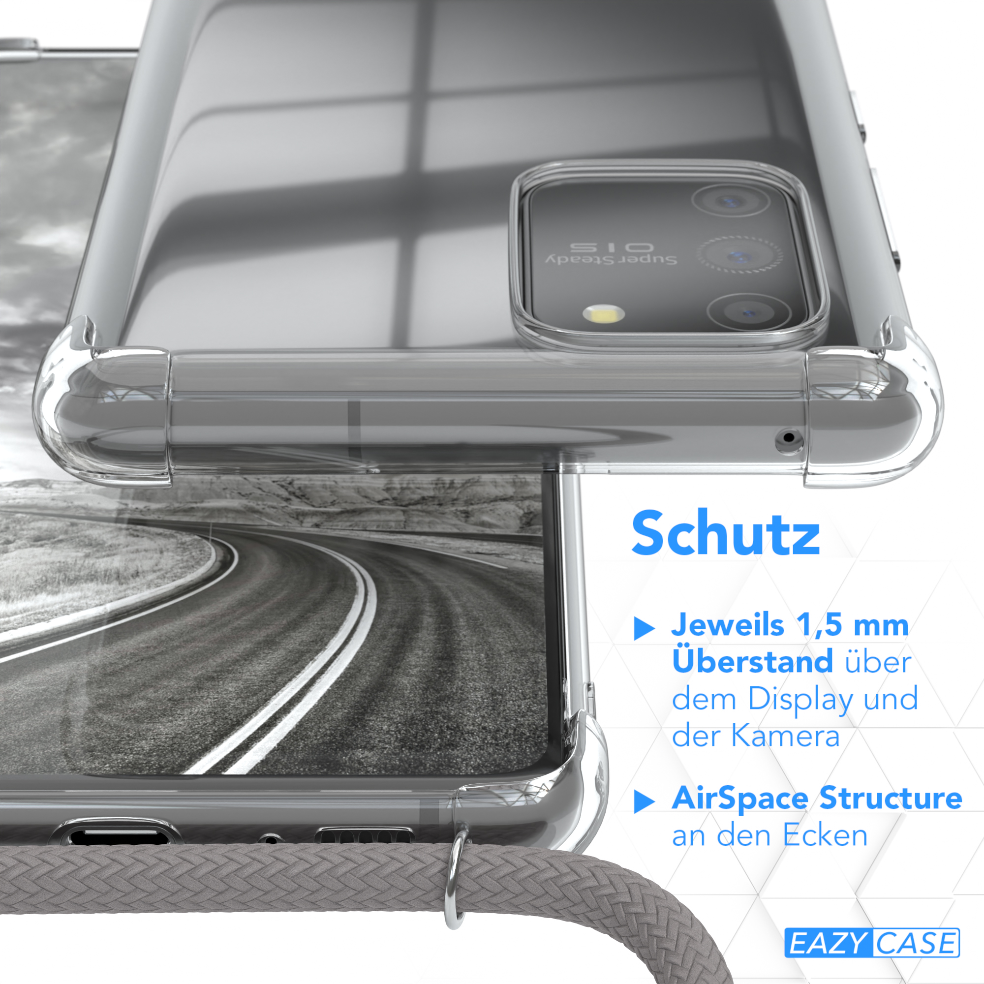 Transparente Handyhülle, Nahaufnahme. Text über Schutzfunktionen. Hintergrund zeigt eine Straße. Eazy Case Logo.