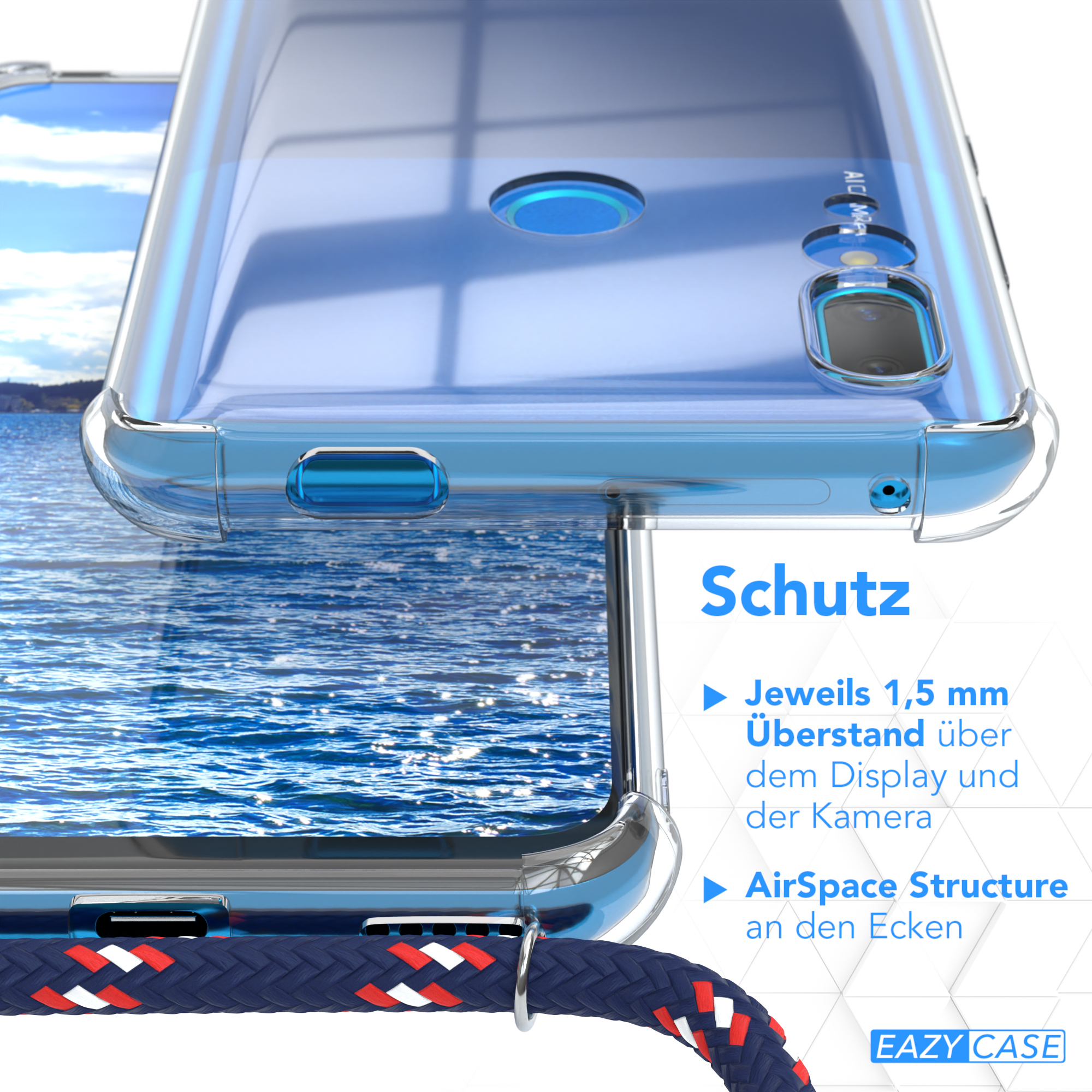 Nahaufnahme einer klaren Handyhülle mit einem blauen Umhängeband. Text: Schutz (Schutz).