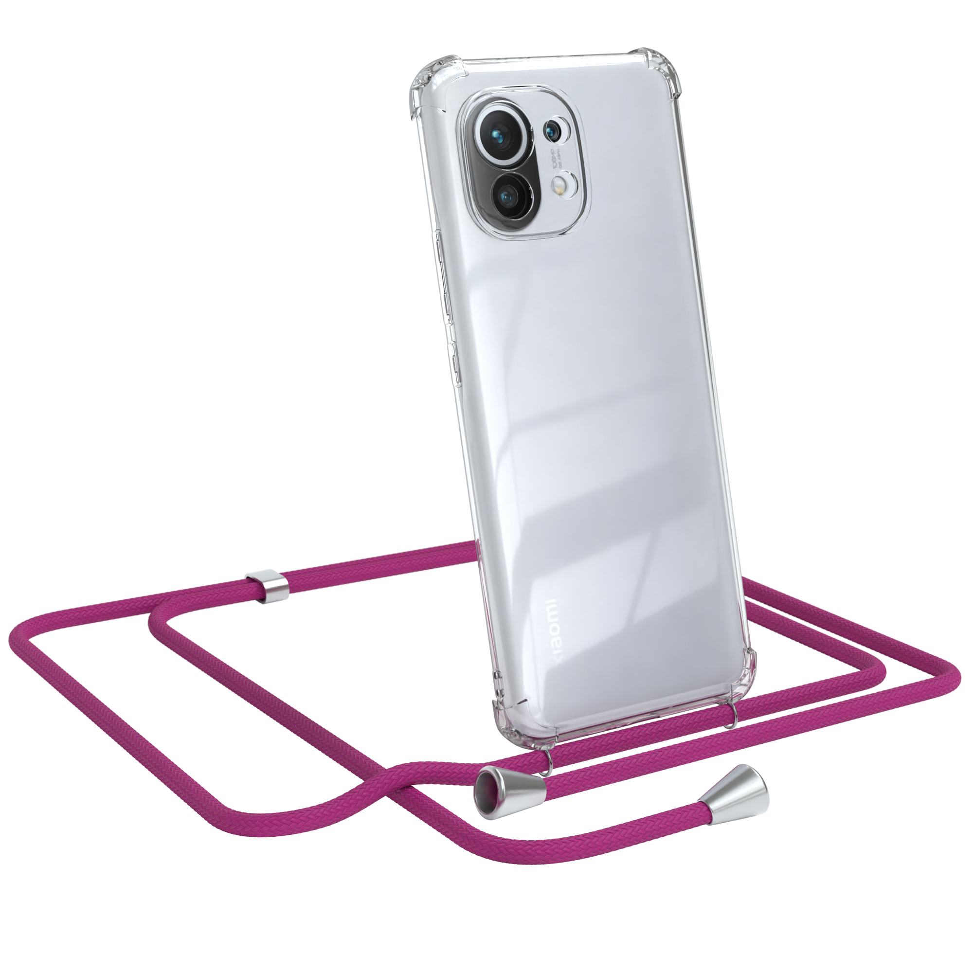 Ein Telefon in einer transparenten Hülle mit magentafarbenem Riemen. Das Telefon ist leicht angewinkelt.