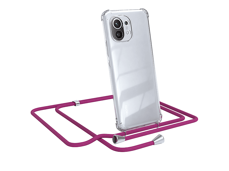 EAZY CASE Clear Cover mit Umhängeband, Umhängetasche, Xiaomi, Mi 11 5G, Pink / Clips Silber