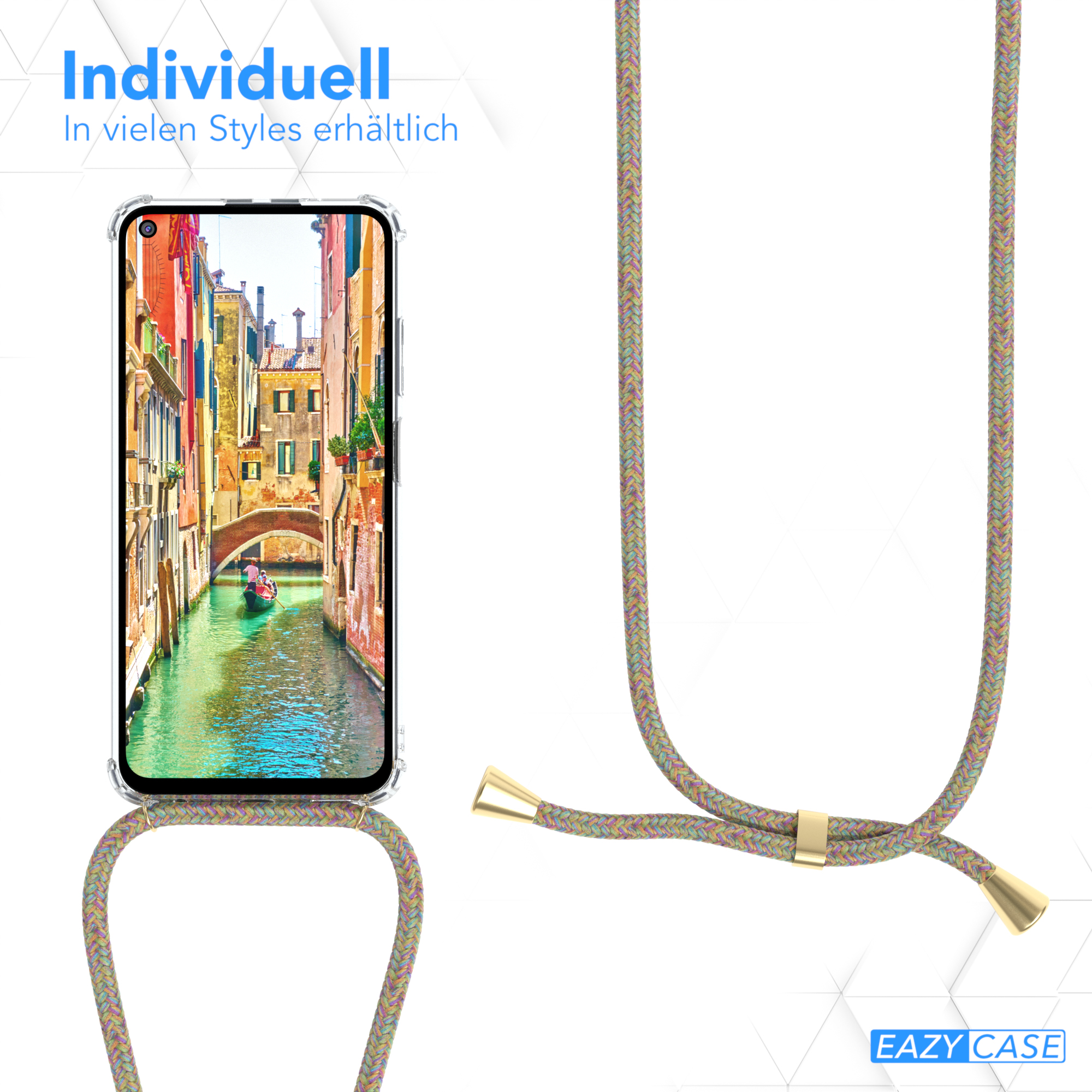 Ein Telefon zeigt eine farbenfrohe Kanalszene. Ein geflochtener Telefonriemen liegt neben dem Telefon. Goldene Hardware.