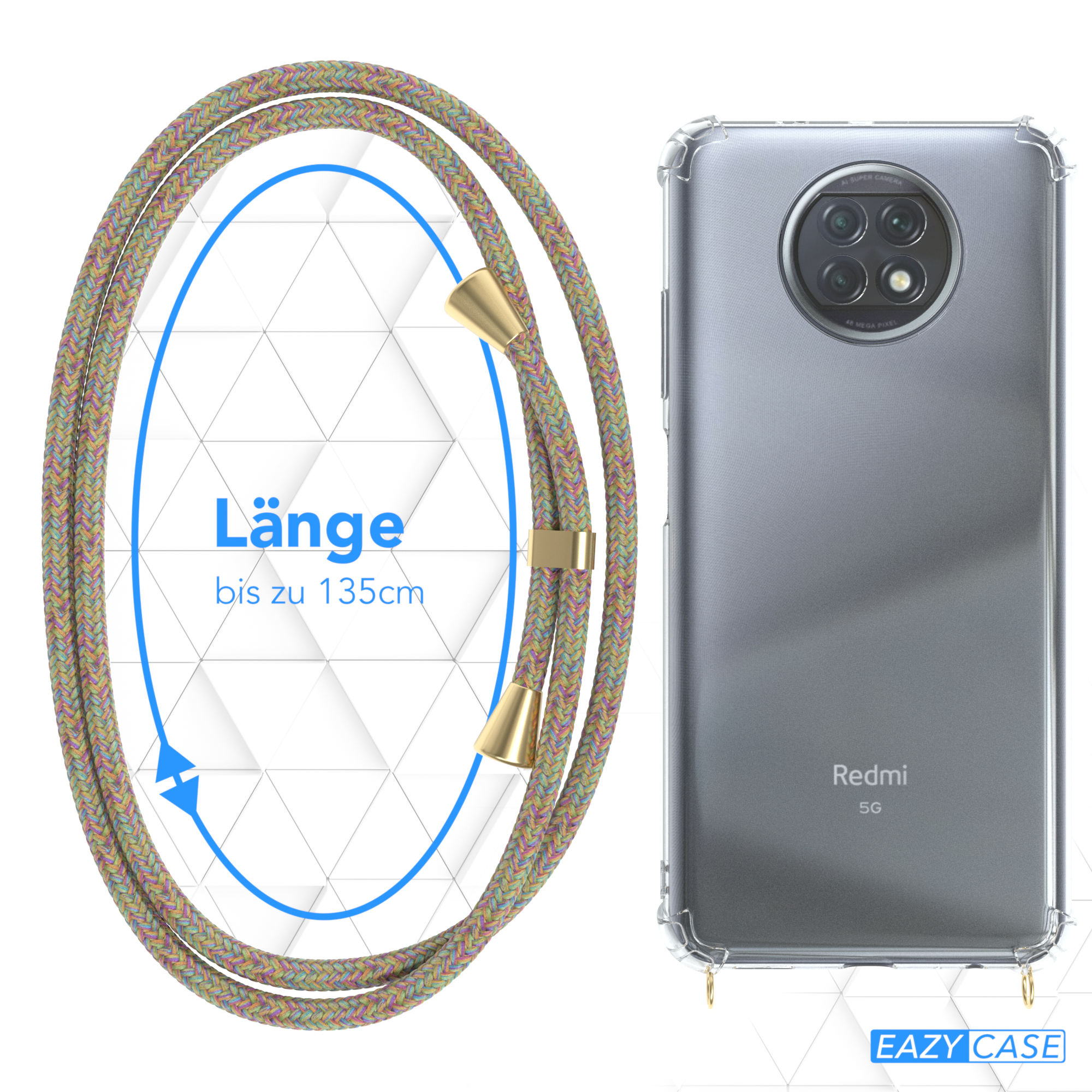 Telefon mit Lanyard und Eazy Case-Logo. Die Lanyard-Länge beträgt bis zu 135 cm. Text: Länge.