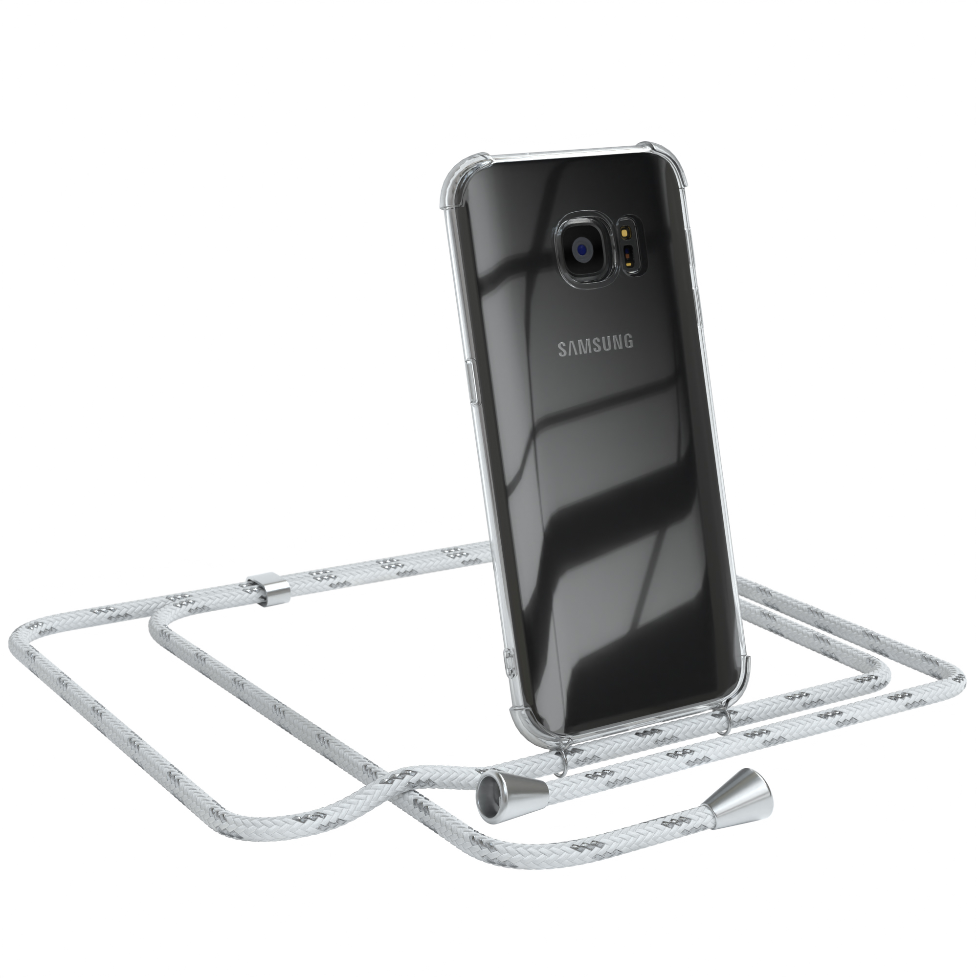 EAZY CASE Clear Cover mit Umhängeband, Clips / Galaxy Umhängetasche, Silber Weiß Samsung, S7