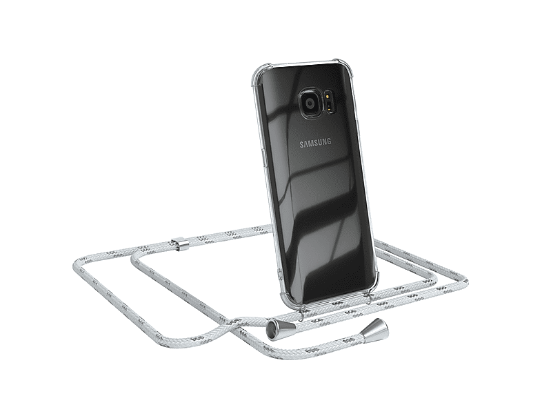 EAZY CASE Clear Cover mit Umhängeband, Umhängetasche, Samsung, Galaxy S7, Weiß / Clips Silber