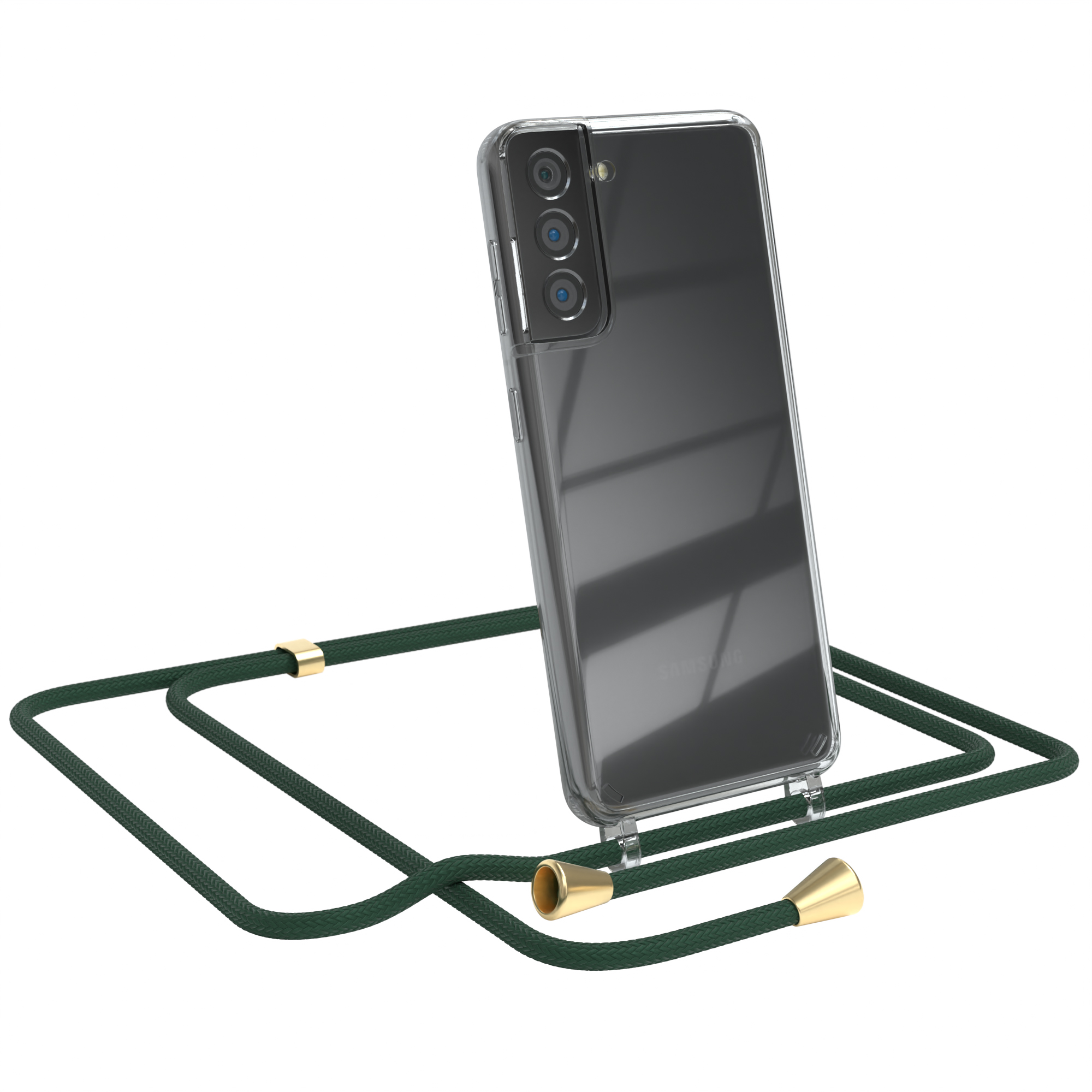 Transparente Handyhülle mit Telefon und grünem Umhängeband auf weißem Grund.