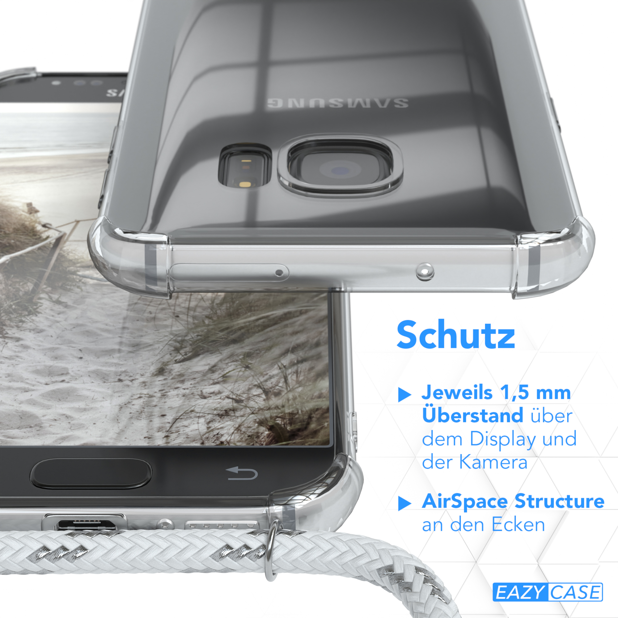 Nahaufnahme eines Telefons in einer transparenten Hülle. Text: Schutz. 1,5 mm über Display und Kamera. AirSpace.
