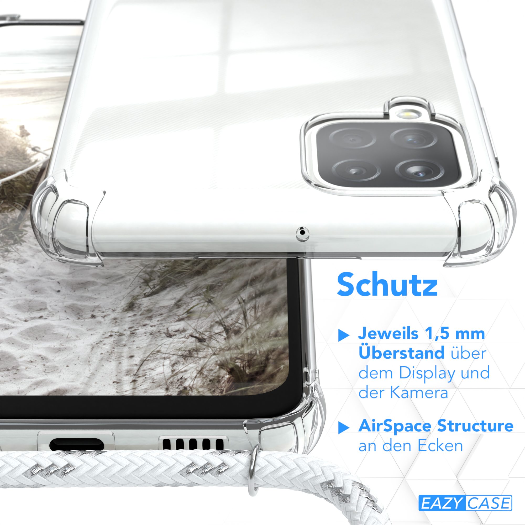 Transparente Handyhülle auf einem Telefon, weißes geflochtenes Kabel mit Sandhintergrund.