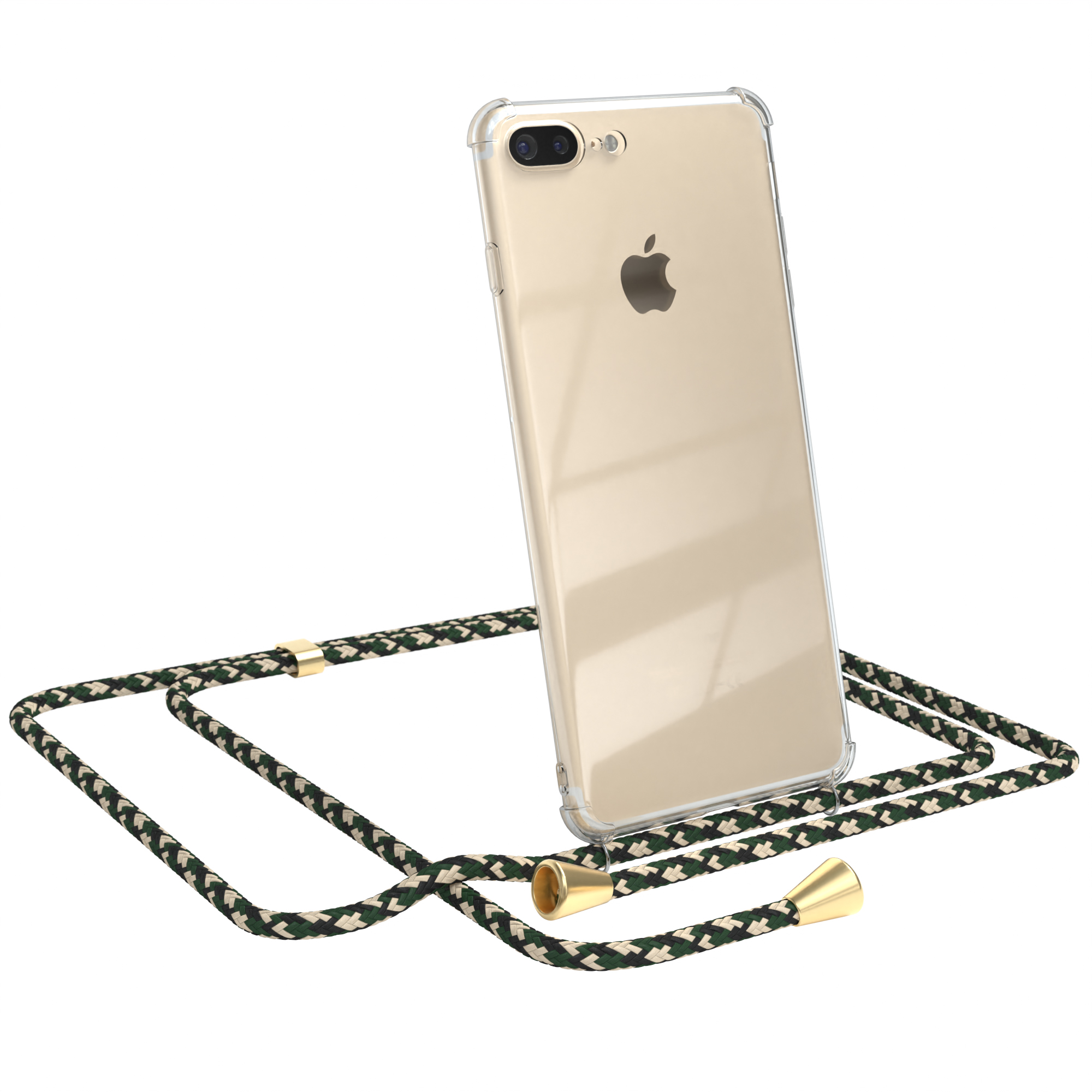 Transparente Handyhülle mit grünem Band. iPhone darin, weißer Hintergrund.
