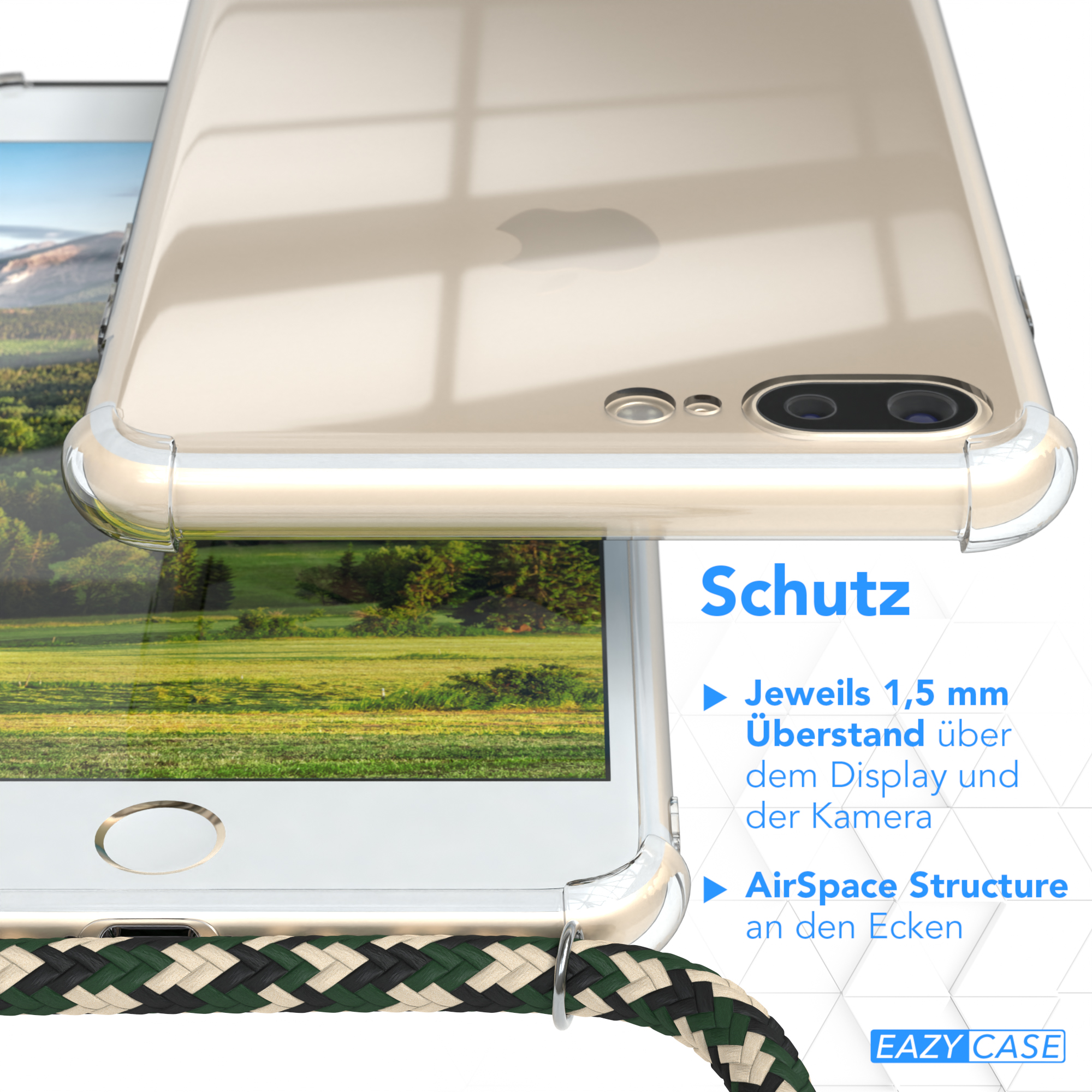 Transparente Handyhülle auf einem Telefon. Nahaufnahme der Schutzfunktion.