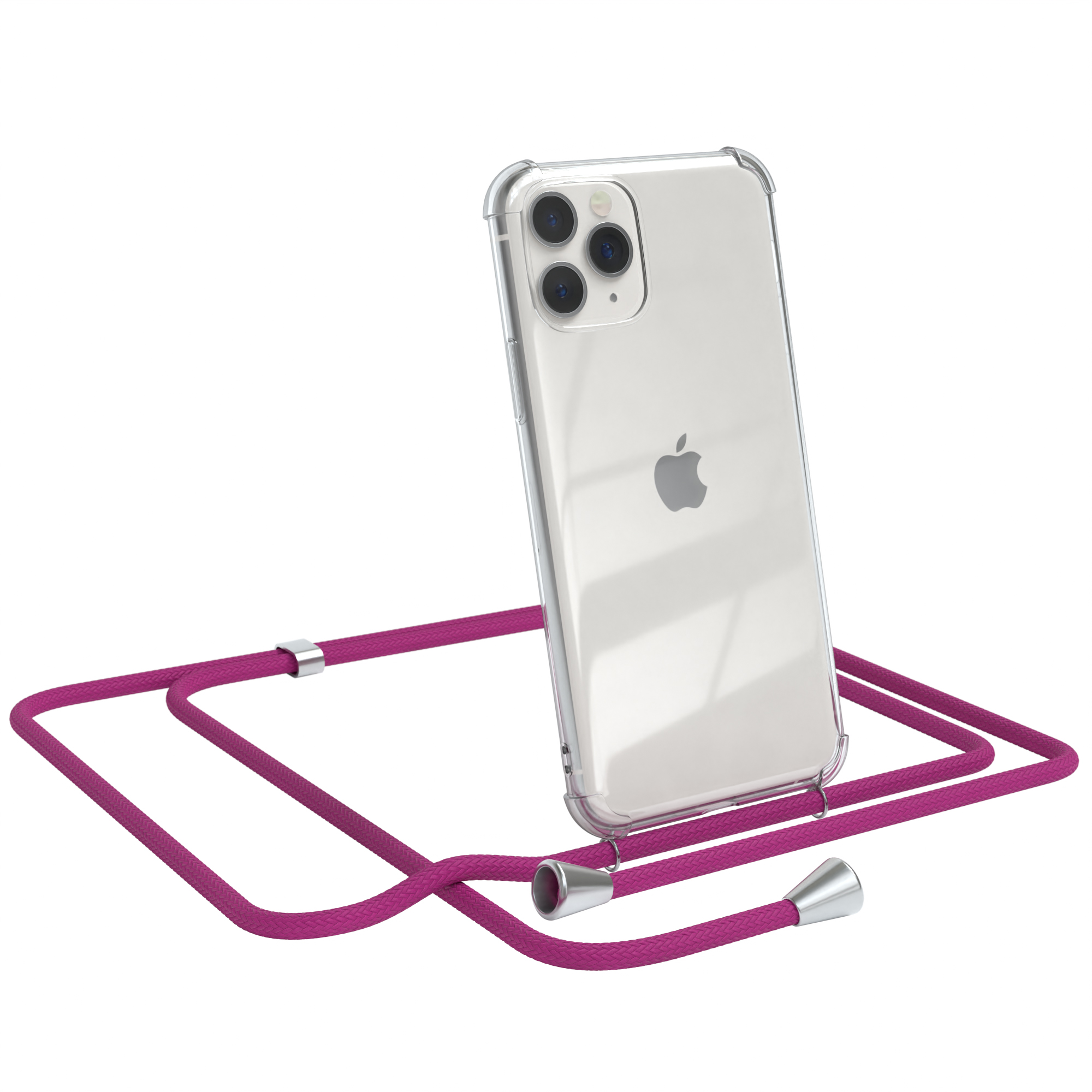 Klare Handyhülle mit pinkfarbenem Kabel. iPhone mit Apple-Logo. Weißer Hintergrund.