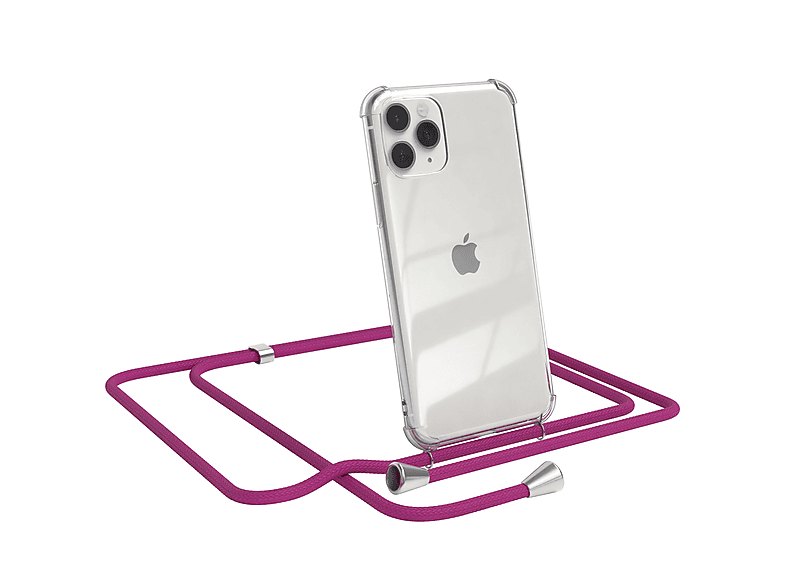 iPhone Apple, Clear Umhängetasche, CASE Cover EAZY / Pro, 11 Pink Silber mit Umhängeband, Clips