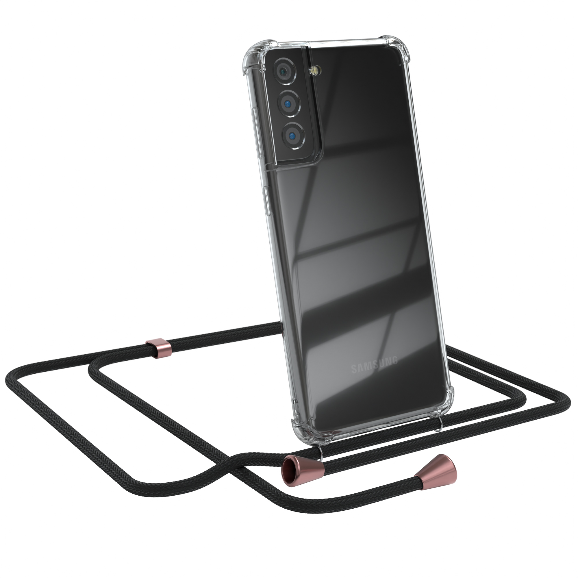 Transparente Handyhülle mit schwarzem Lanyard, roségoldenen Akzenten und Samsung-Handy.