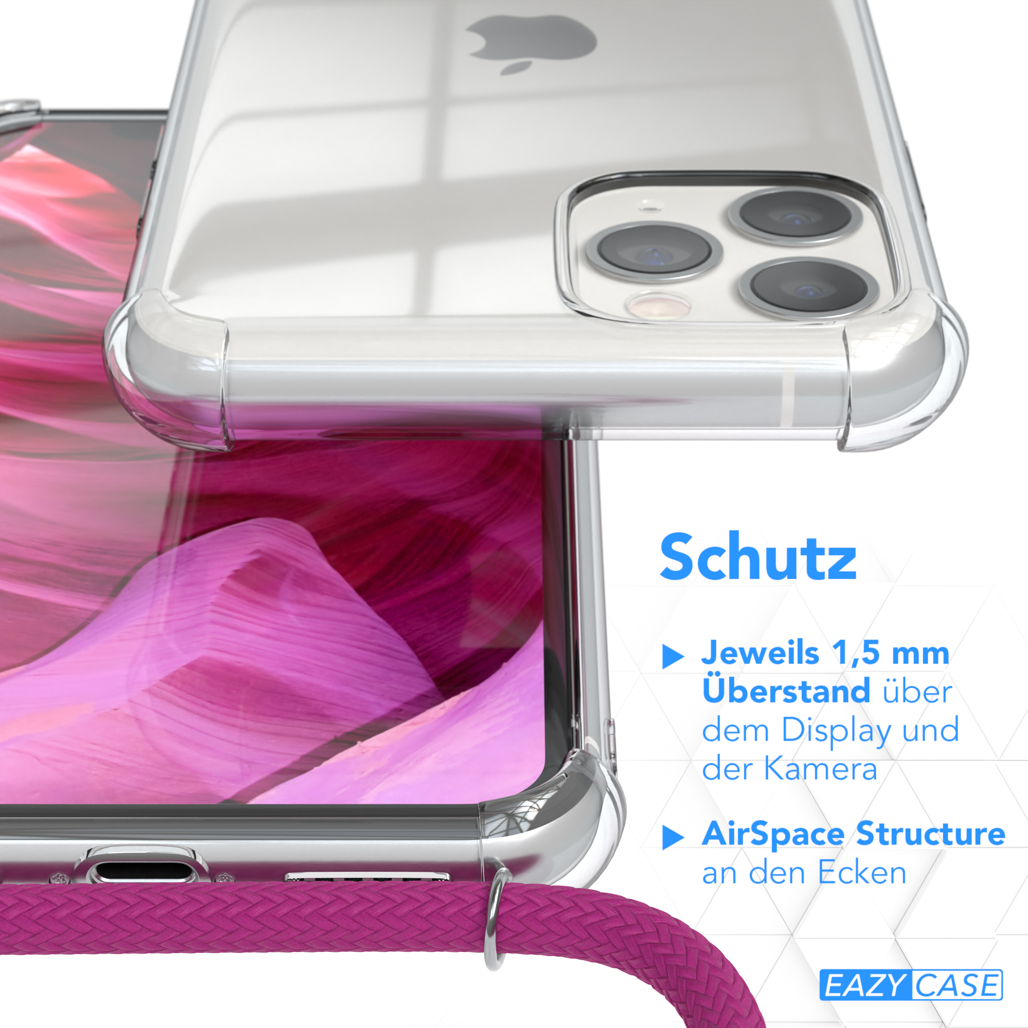 11 Clear CASE Pink Clips Silber mit / Apple, Pro, EAZY Umhängetasche, Cover Umhängeband, iPhone