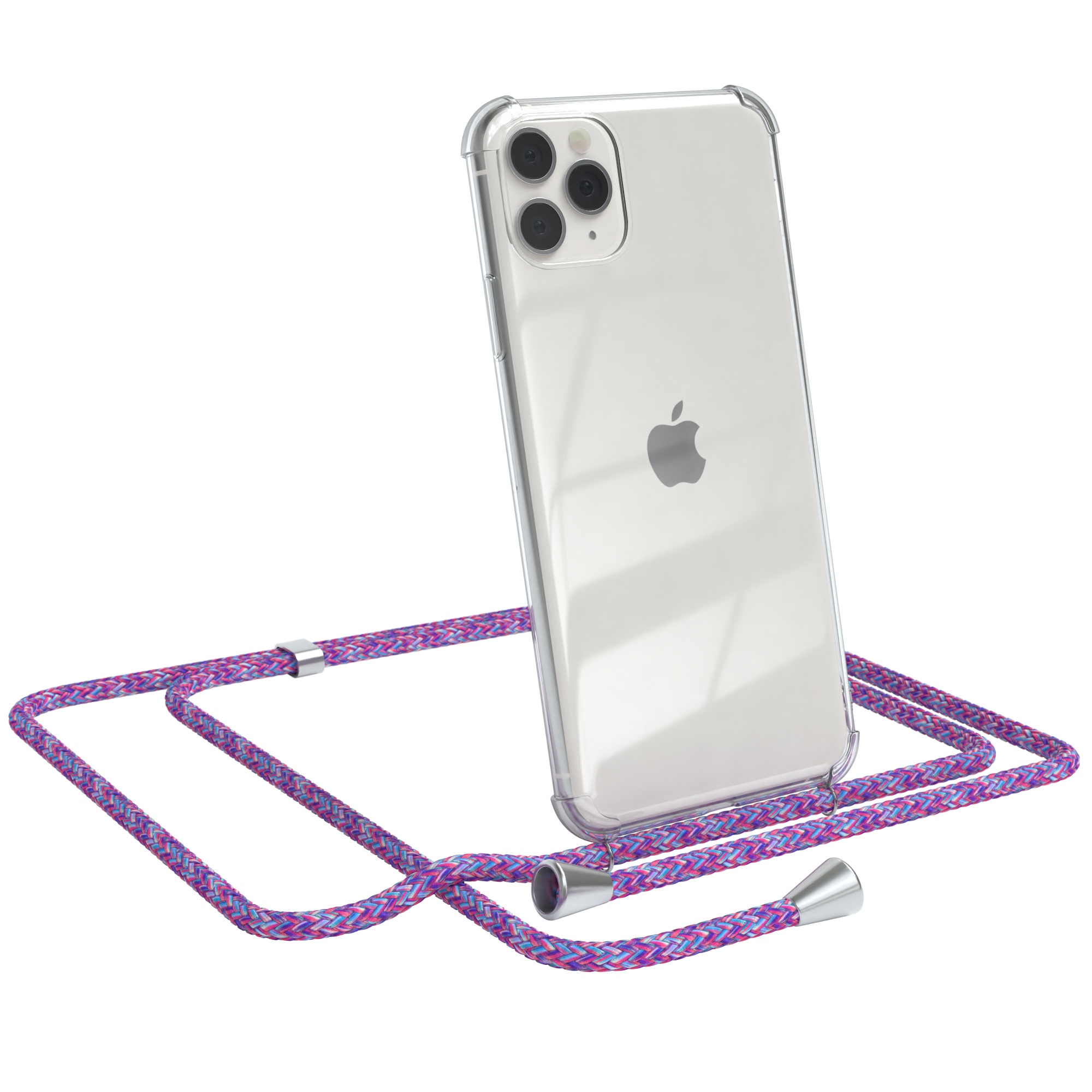 iPhone in klarer Hülle mit lila/blauem Kabel. Telefon abgewinkelt. Weißer Hintergrund.