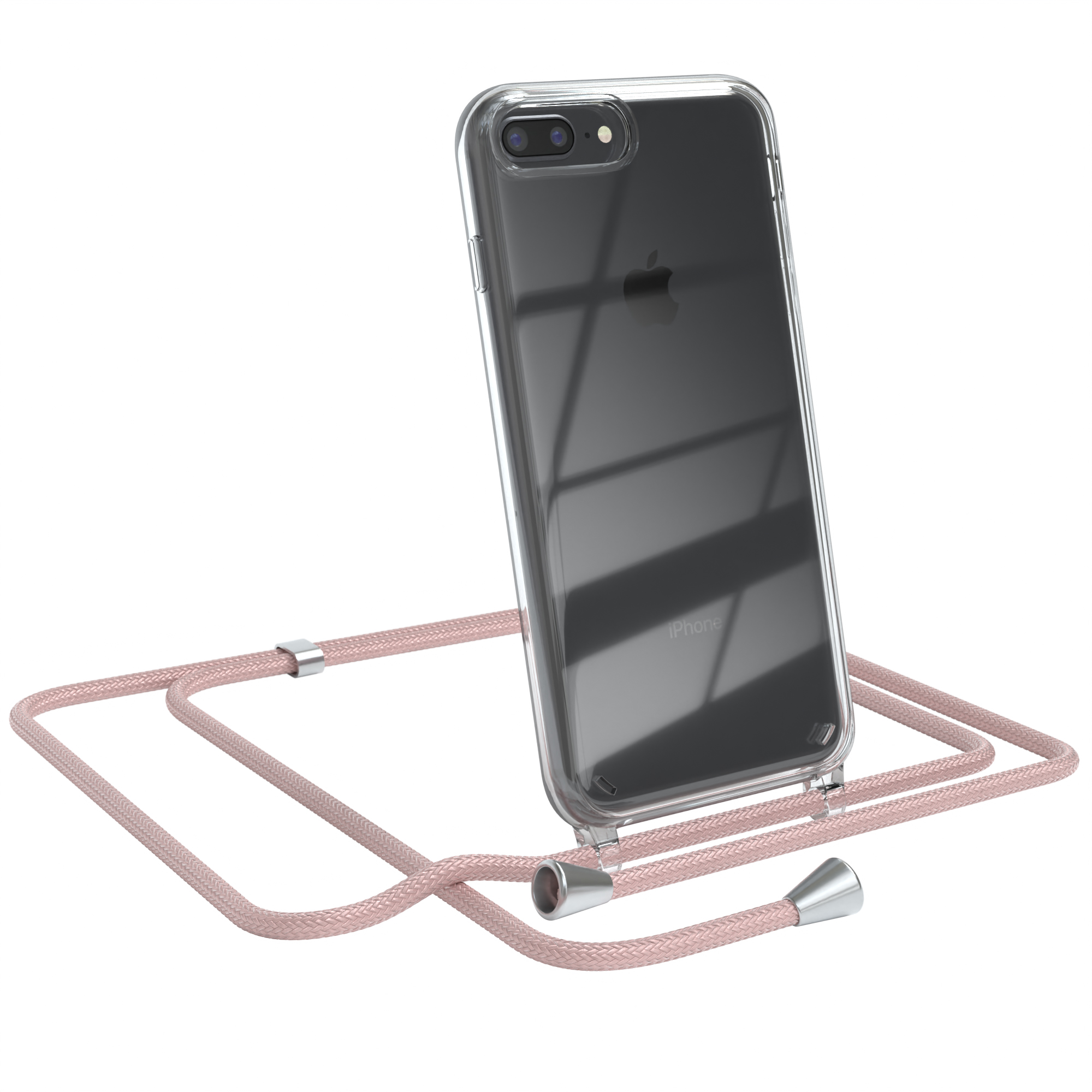 iPhone in klarer Hülle mit rosa Umhängeband. Telefon lehnt an der Schnur.