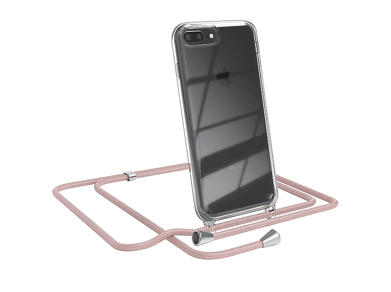 EAZY CASE Clear Cover mit Umhängeband, Umhängetasche, Apple, iPhone 8 Plus / 7 Plus, Rosé / Clips Silber