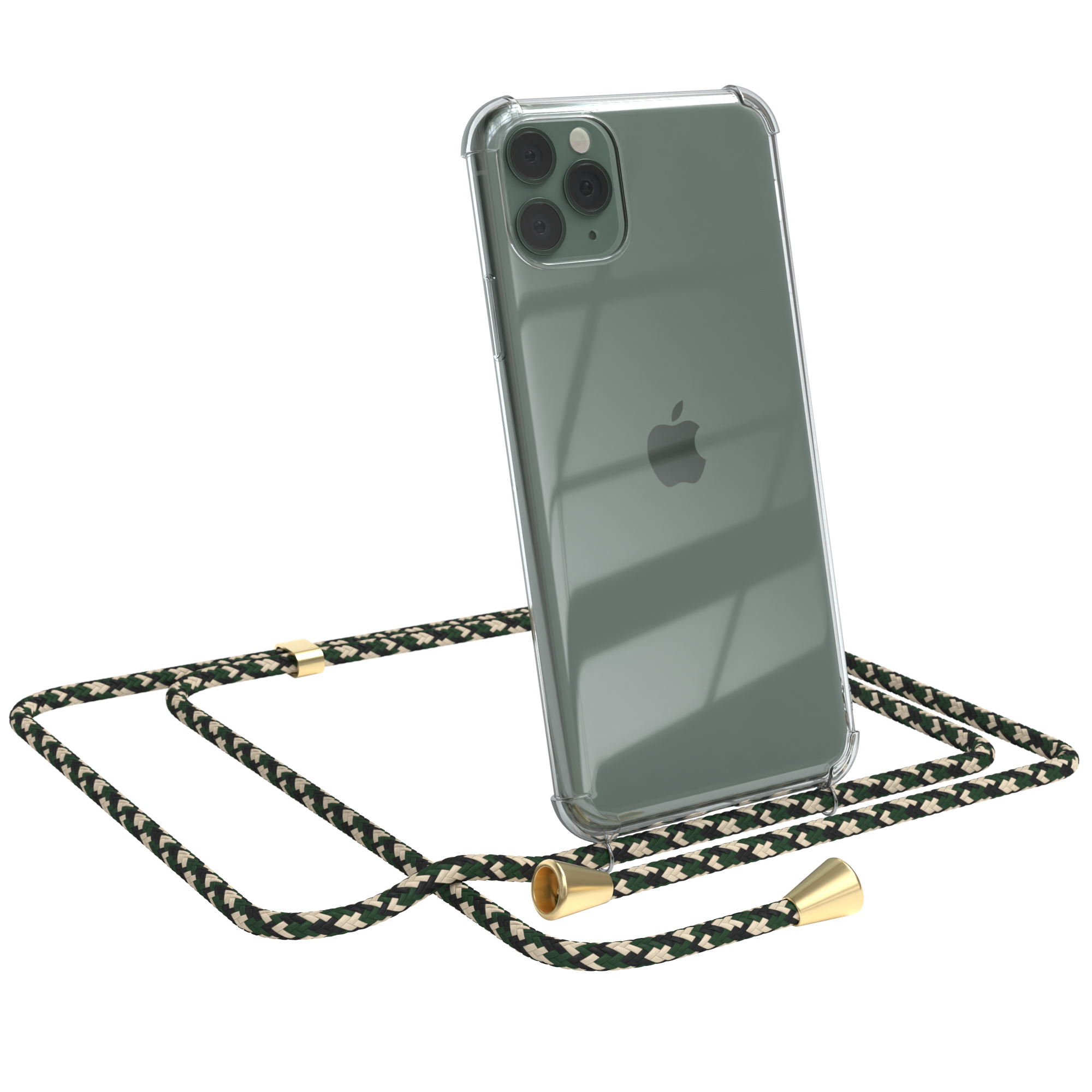 Telefon in klarer Hülle mit grünem Camo-Seil. Das Telefon ist von Apple. Der Hintergrund ist weiß.