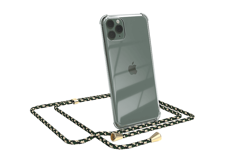 EAZY CASE Clear Cover mit Umhängeband, Umhängetasche, Apple, iPhone 11 Pro Max, Grün Camouflage / Clips Gold