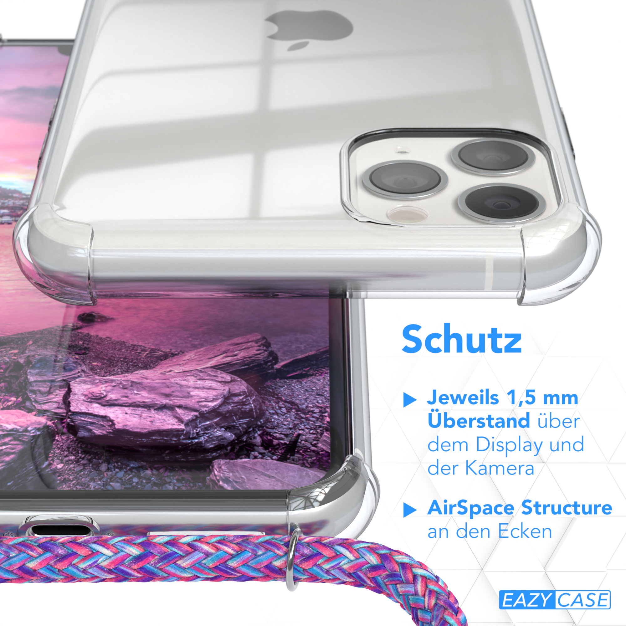 EAZY CASE Clear Cover mit 11 Pro Lila Max, Umhängeband, / Clips iPhone Silber Apple, Umhängetasche