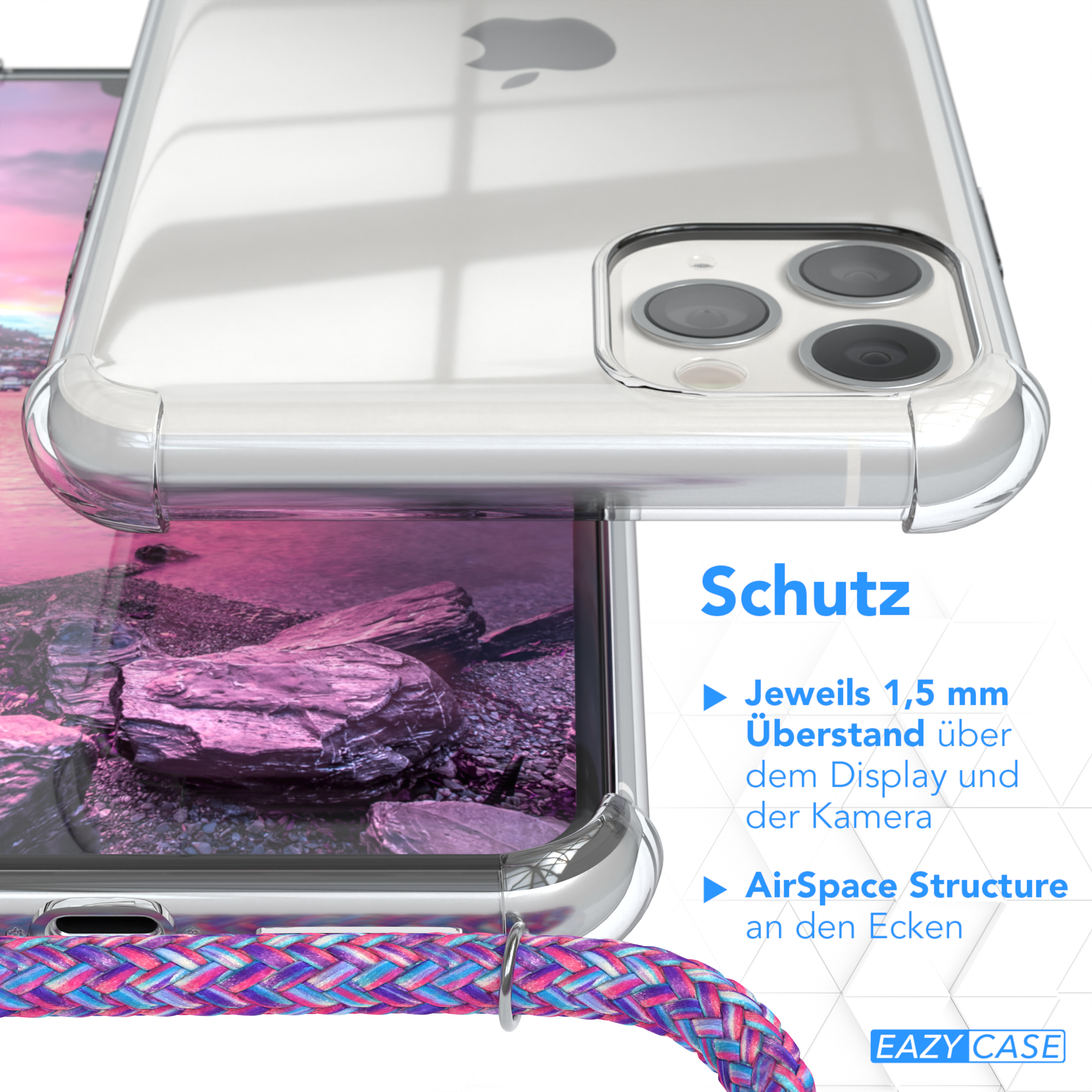 Ein Telefon mit Hülle und farbenfrohem Umhängeband wird von oben auf einer blauen Oberfläche gezeigt.