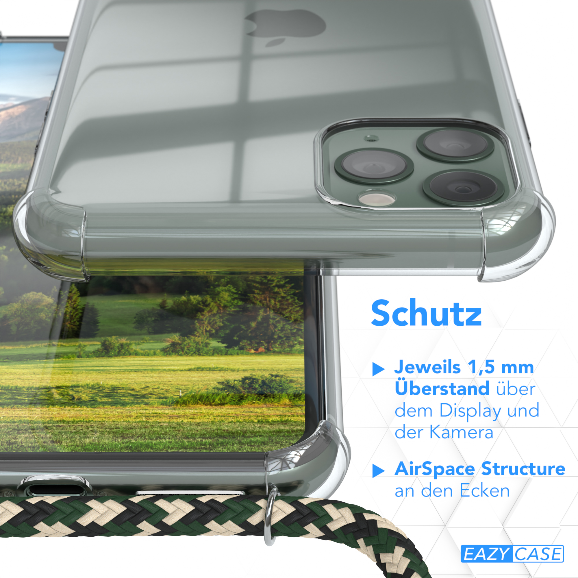 Nahaufnahme einer klaren Handyhülle. Text beschreibt die Schutzfunktionen: 1,5 mm Display- und Kameraabdeckung.