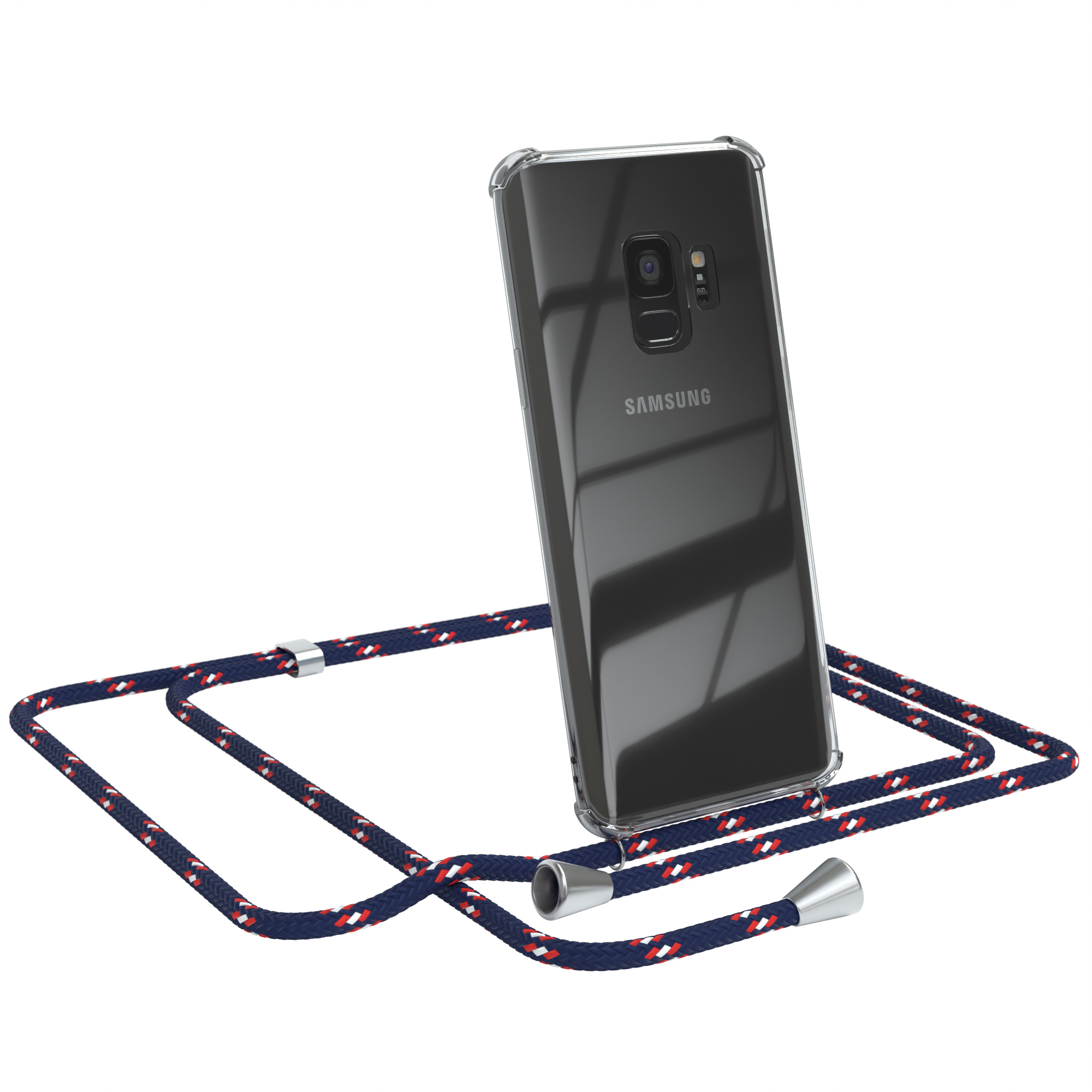 Samsung-Handy in transparenter Hülle mit marineblau-rotem Umhängeband. Weißer Hintergrund.