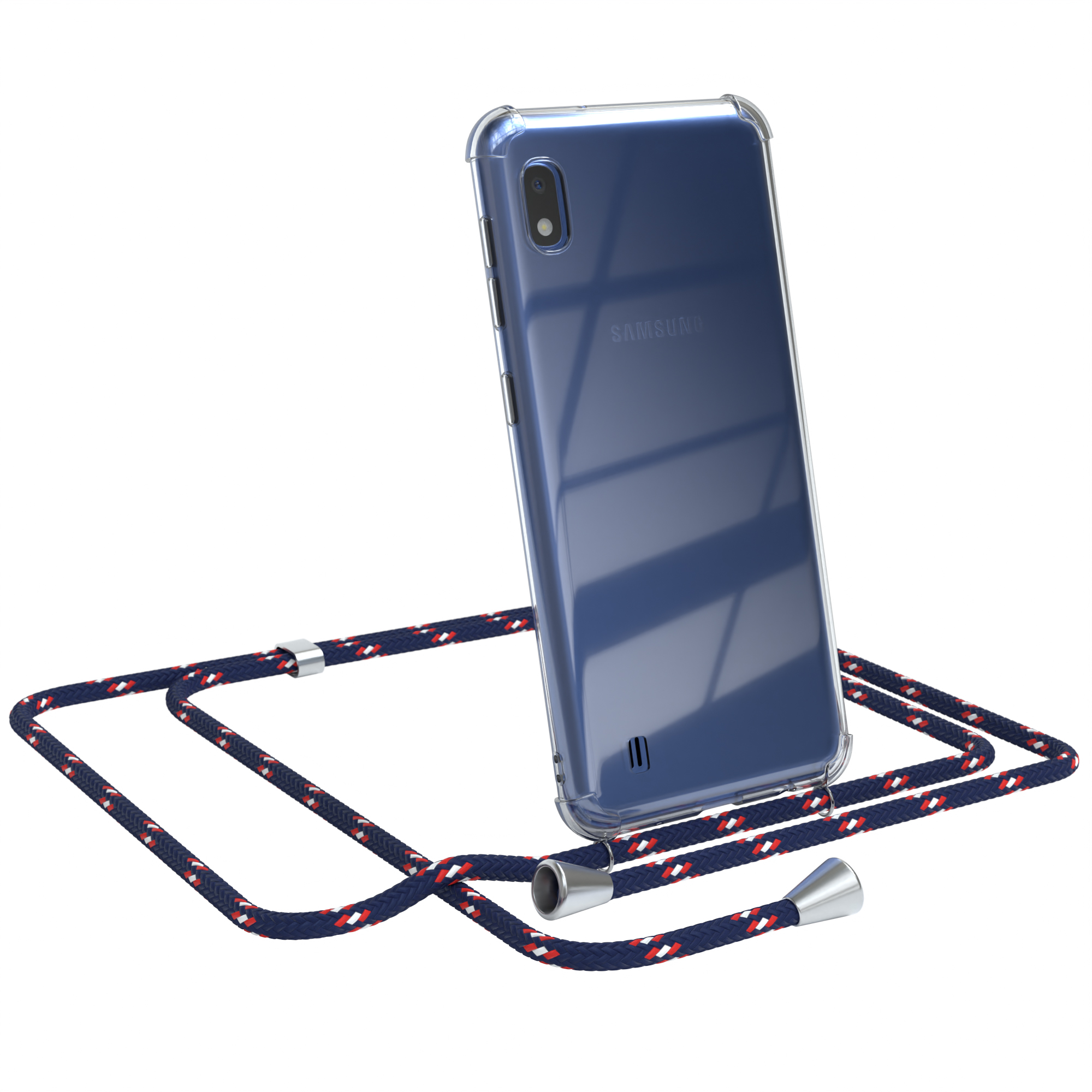 Transparente Handyhülle mit blau-rotem Kordelband. Ein Samsung-Handy ist im Case.