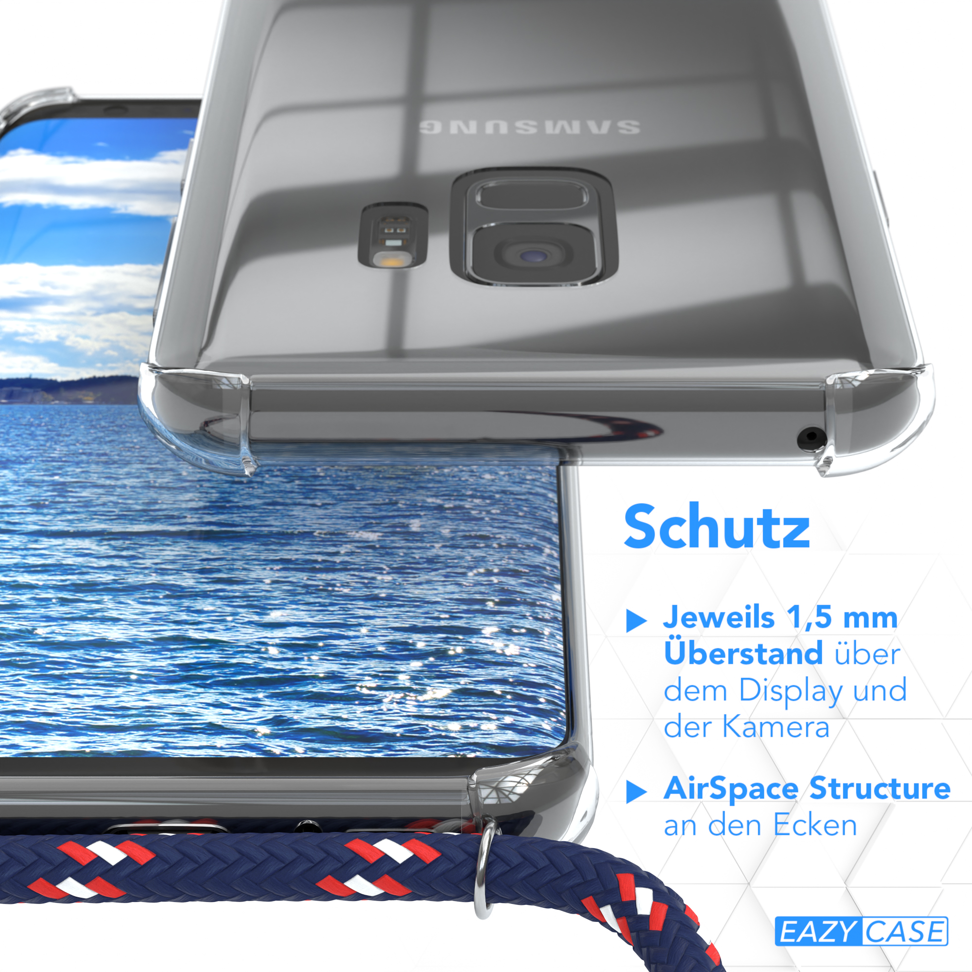 Nahaufnahme einer Handyhülle mit Text über Schutzfunktionen und einem blau-weißen Lanyard.