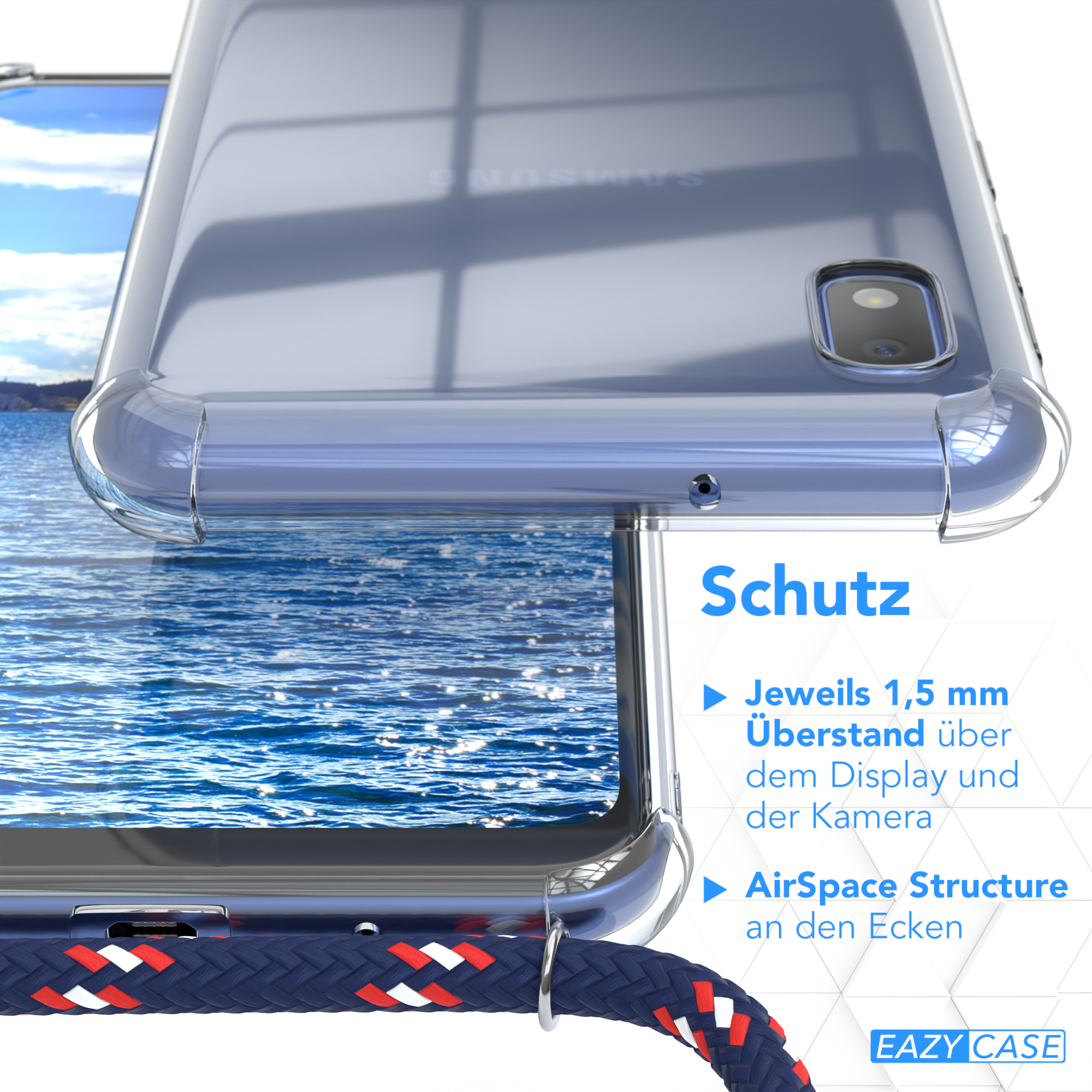 EAZY CASE mit Umhängetasche, Samsung, Camouflage / Cover Blau A10, Clips Silber Umhängeband, Galaxy Clear