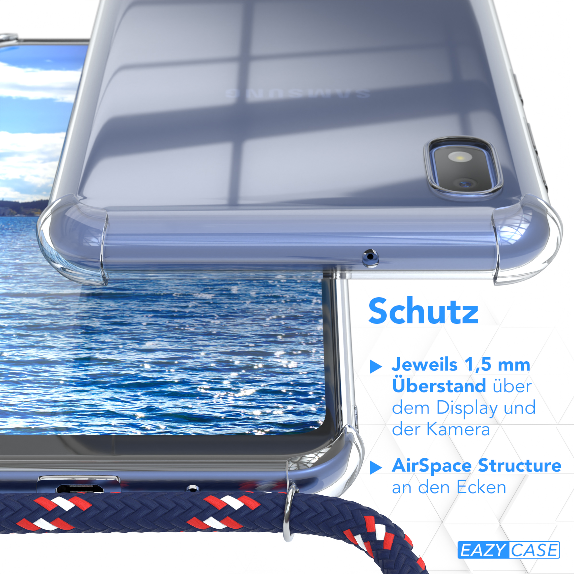 Detail transparente Handyhülle. Text 'Schutz' und 'AirSpace Structure'.
