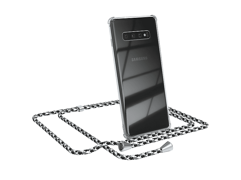 EAZY CASE Clear Cover mit Umhängeband, Umhängetasche, Samsung, Galaxy S10 Plus, Schwarz Camouflage / Clips Silber
