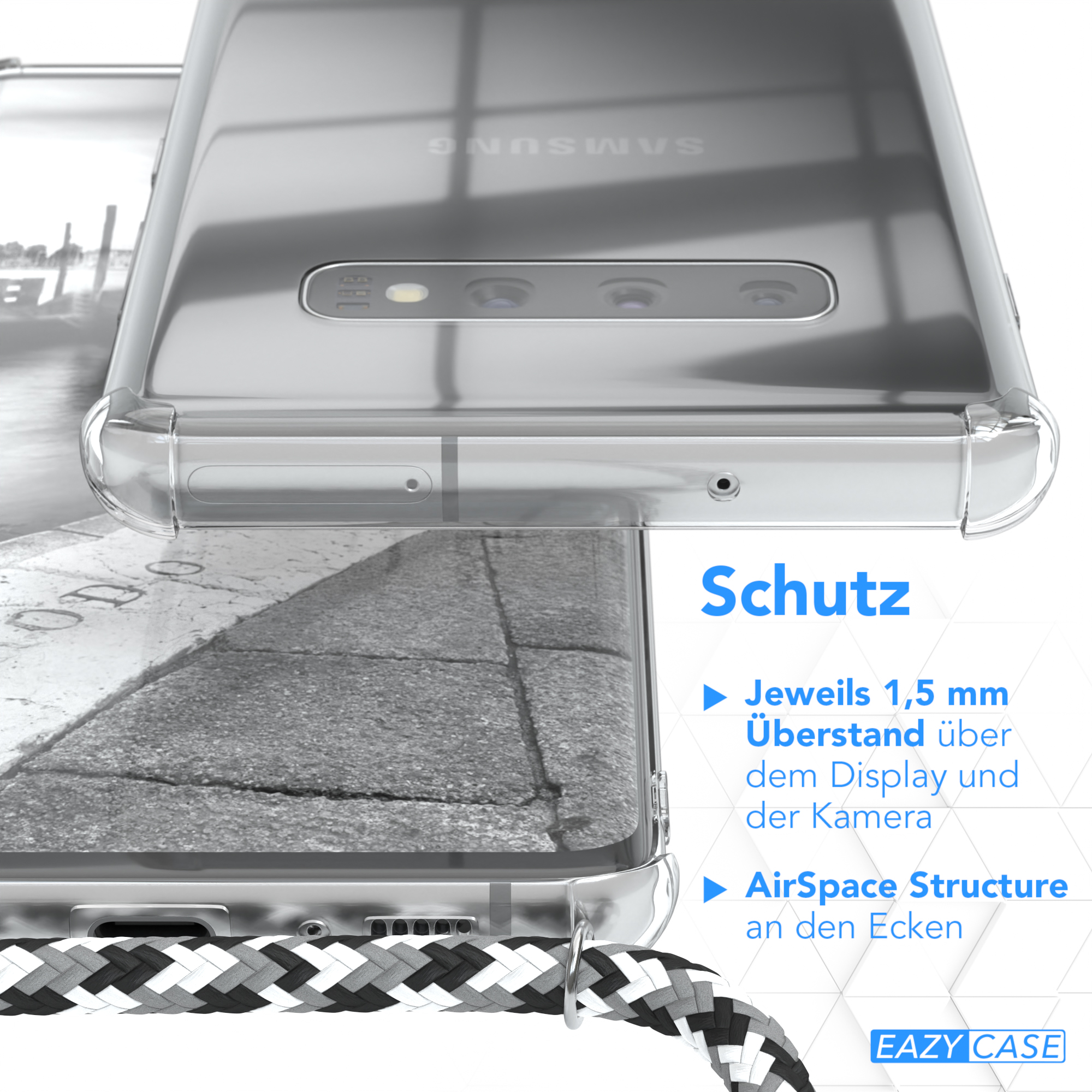 Transparente Handyhülle auf einem Telefon. Text hebt Schutzfunktionen wie erhöhte Kanten und Eckenschutz hervor.