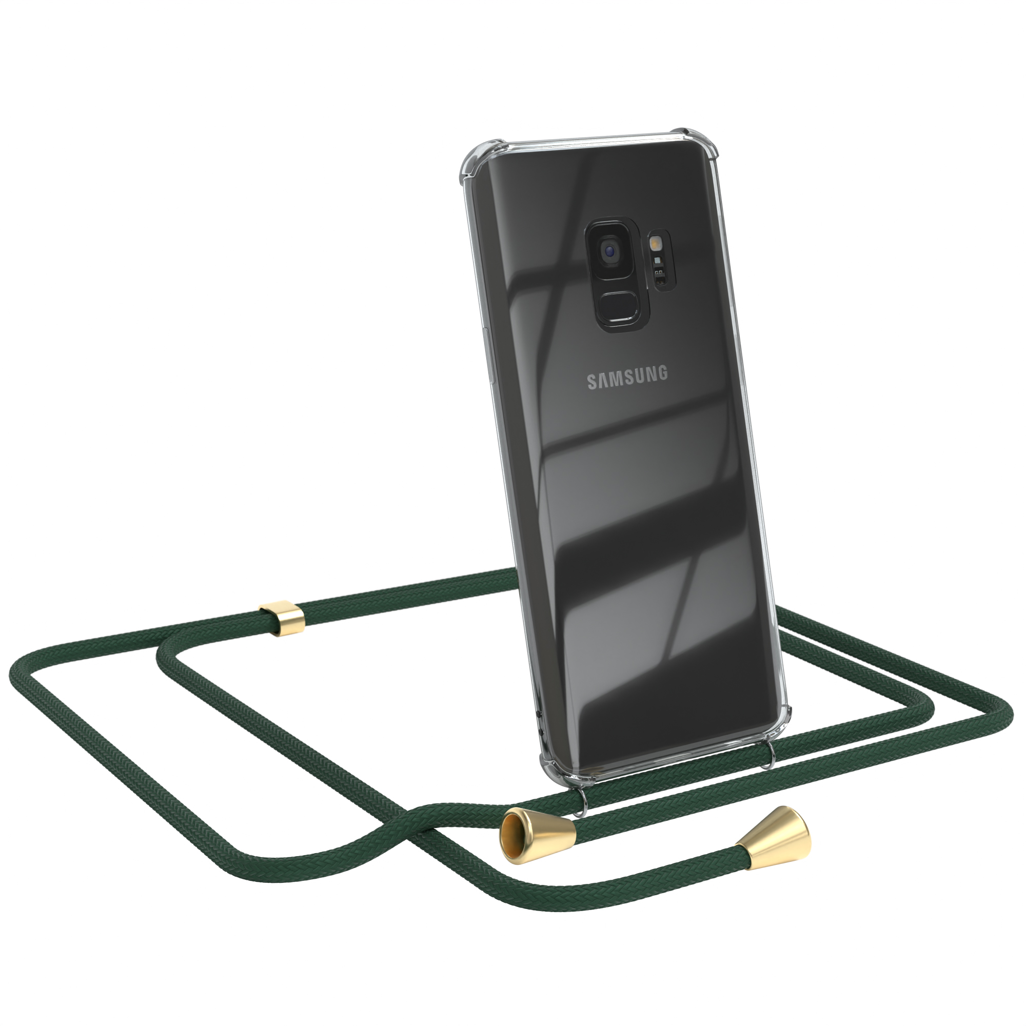 Eine transparente Handyhülle mit dunkelgrünem Band. Das Telefon hat eine Kamera und lehnt sich vor.