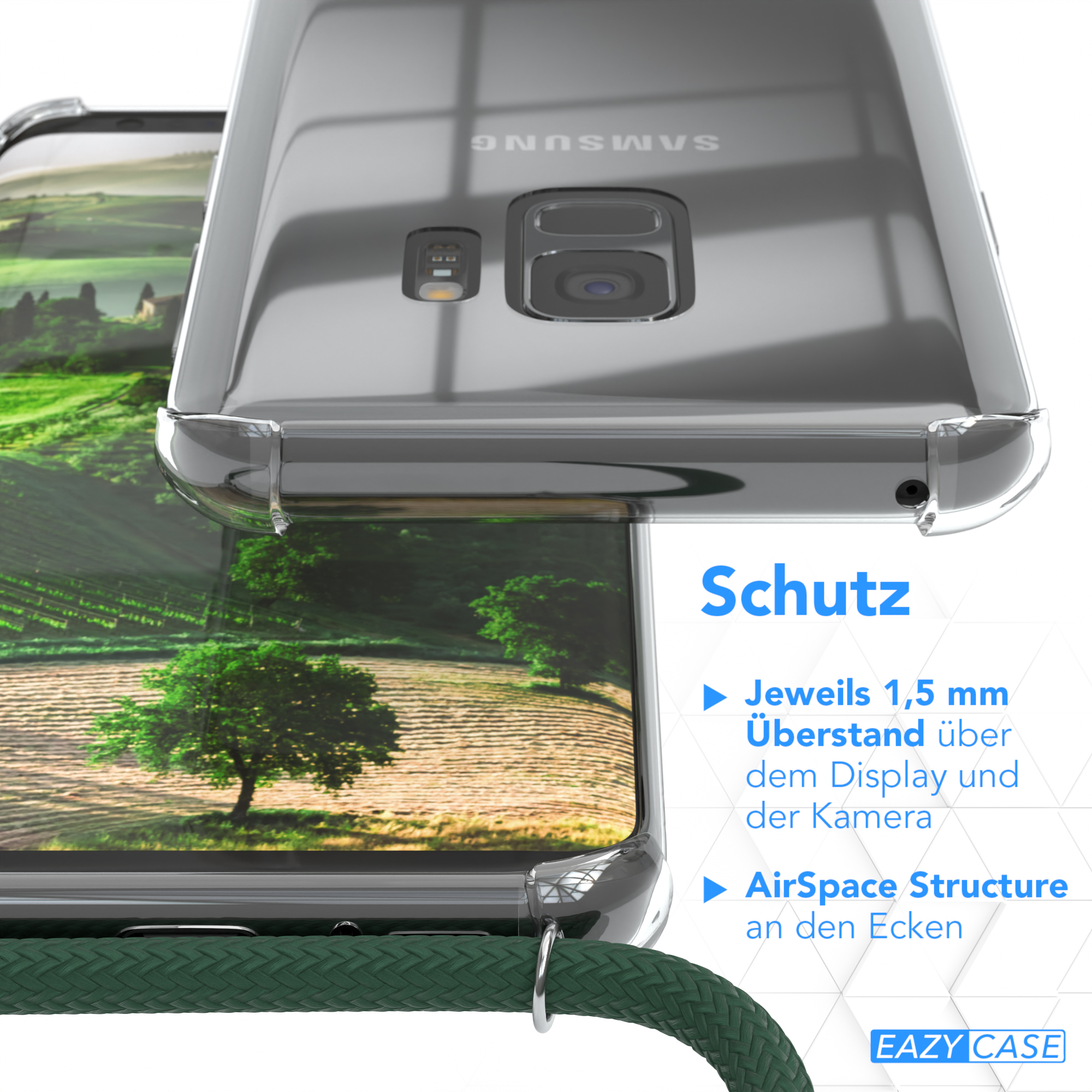 Nahaufnahme einer Handyhülle. Die Hülle ist durchsichtig und zeigt eine Landschaft. Text zeigt Merkmale.