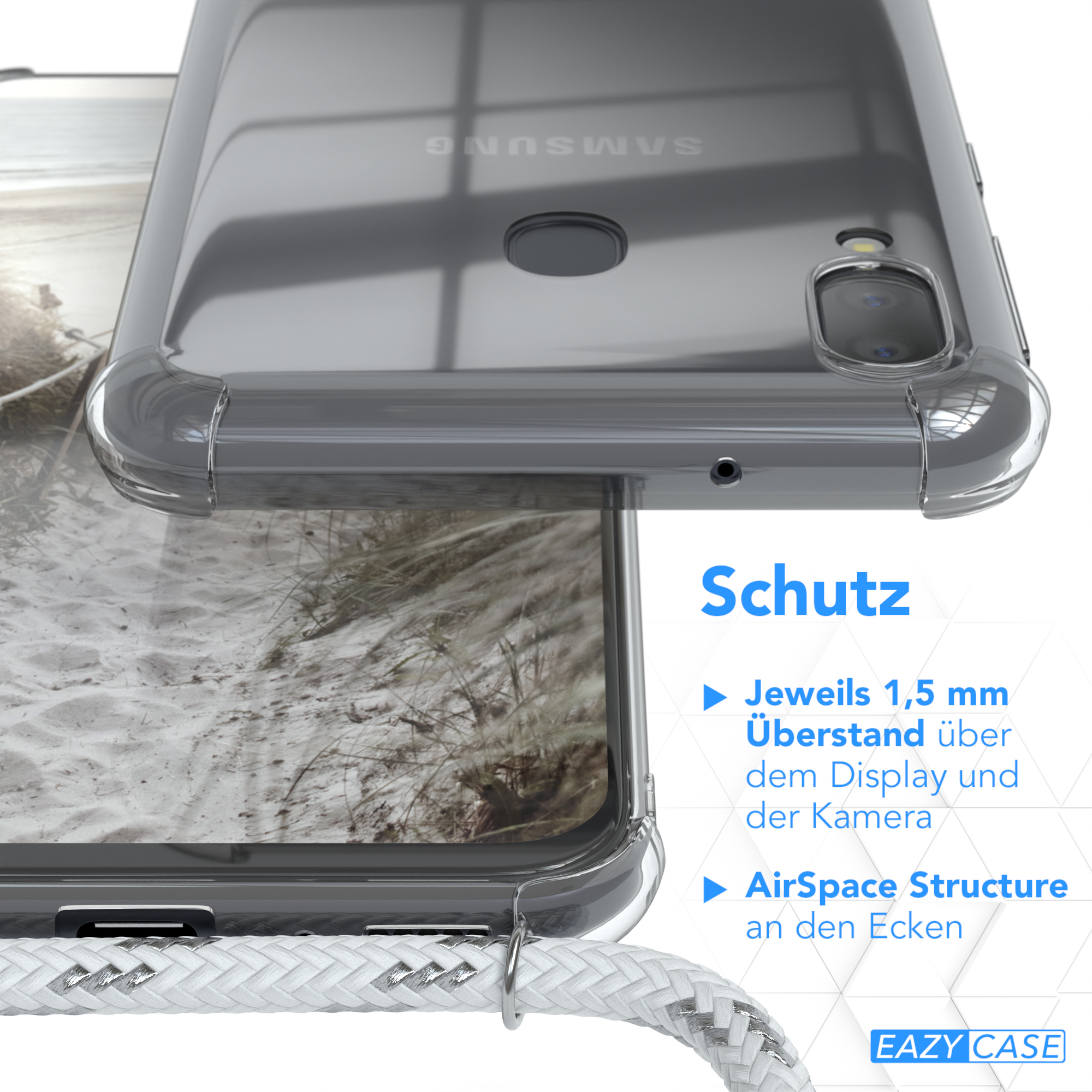 Transparente Handyhülle über einem Bild, mit einem weißen Kabel befestigt.