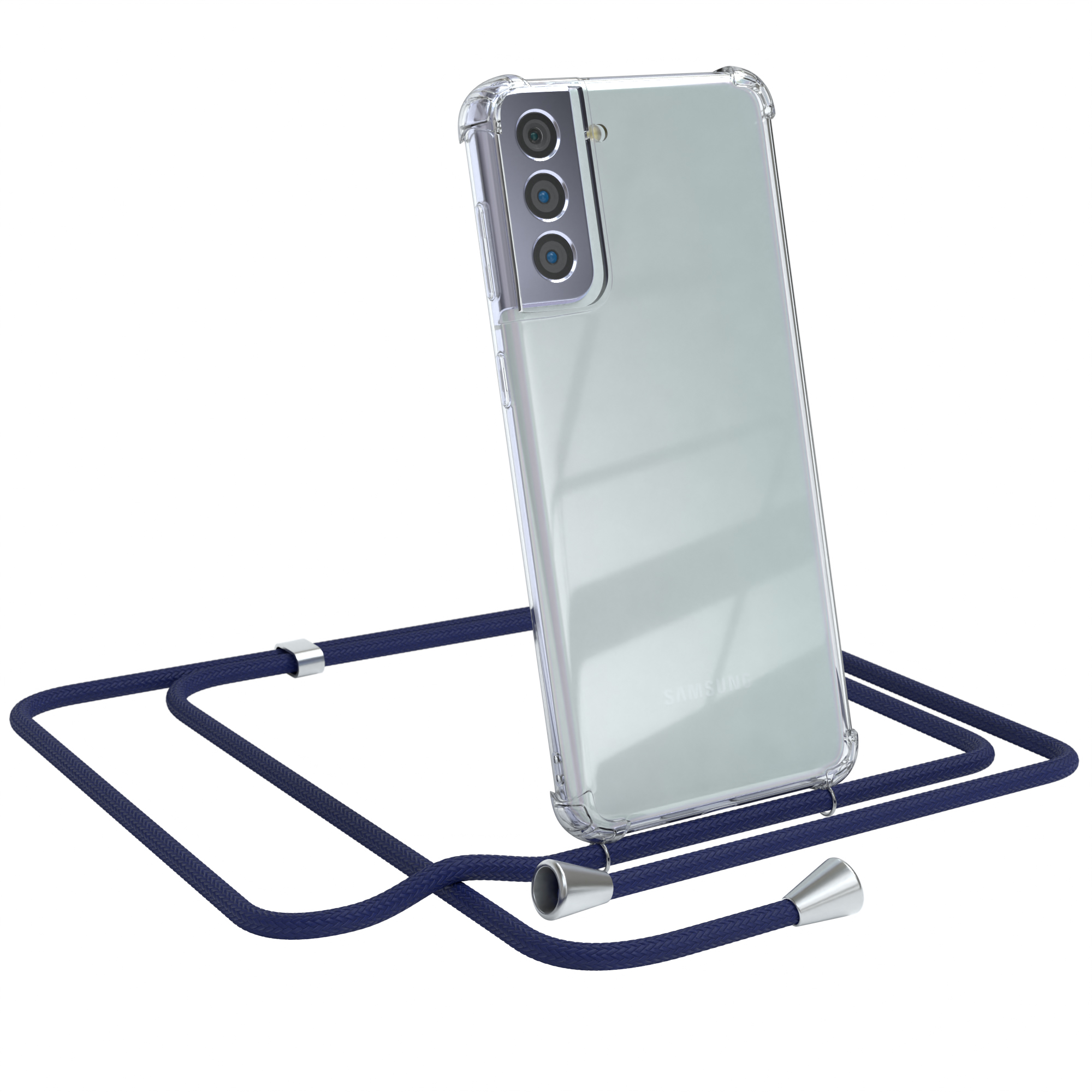 Transparente Handyhülle mit marineblauem Lanyard. Samsung-Handy sichtbar. Weißer Hintergrund.