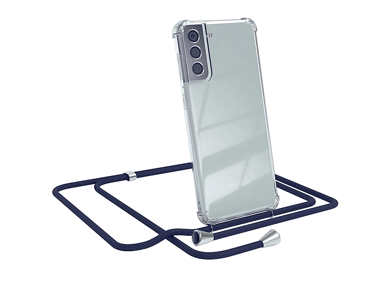 EAZY CASE Clear Cover mit Umhängeband, Umhängetasche, Samsung, Galaxy S21 Plus 5G, Blau / Clips Silber