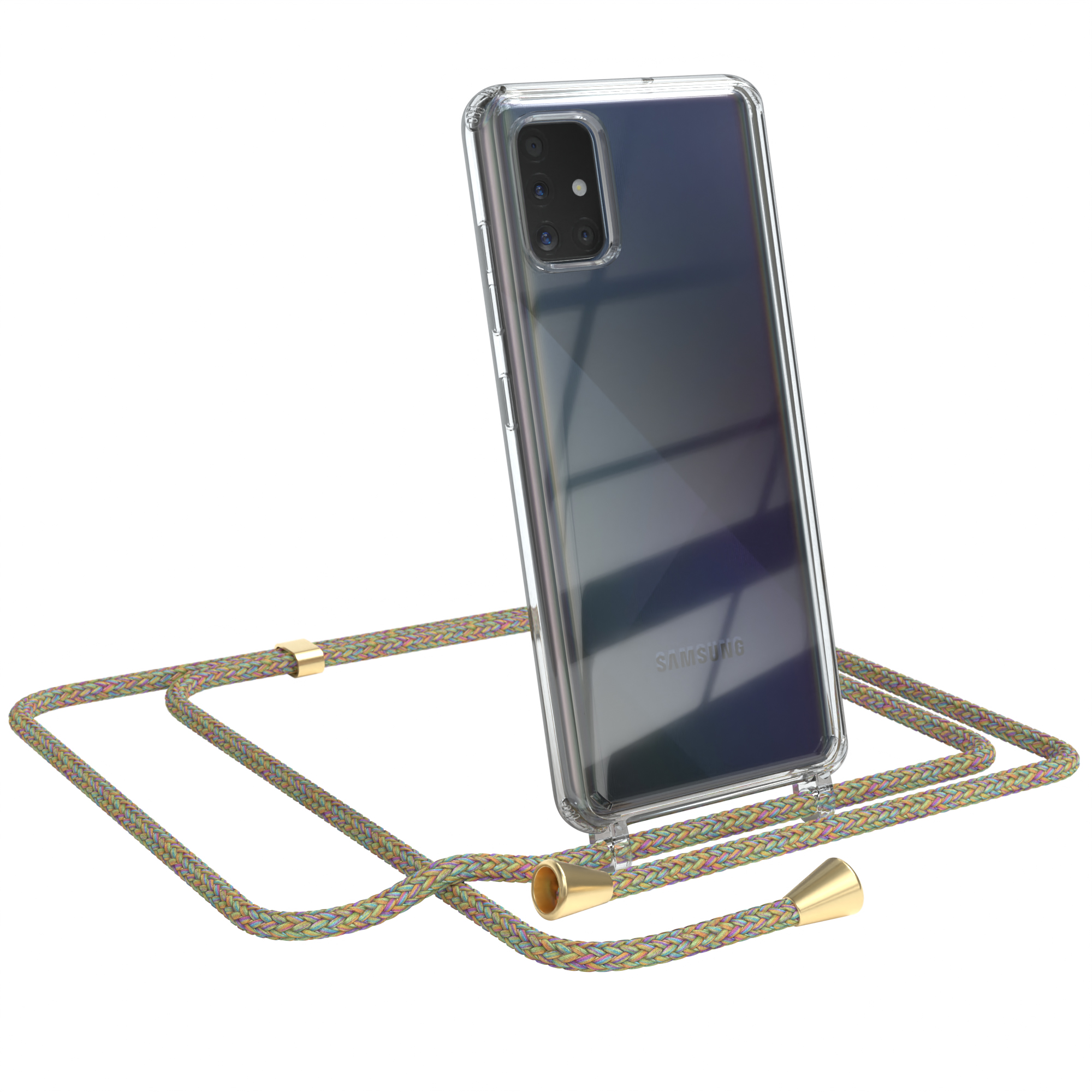 Transparente Handyhülle mit buntem Lanyard. Samsung-Telefon sichtbar. Weißer Hintergrund.