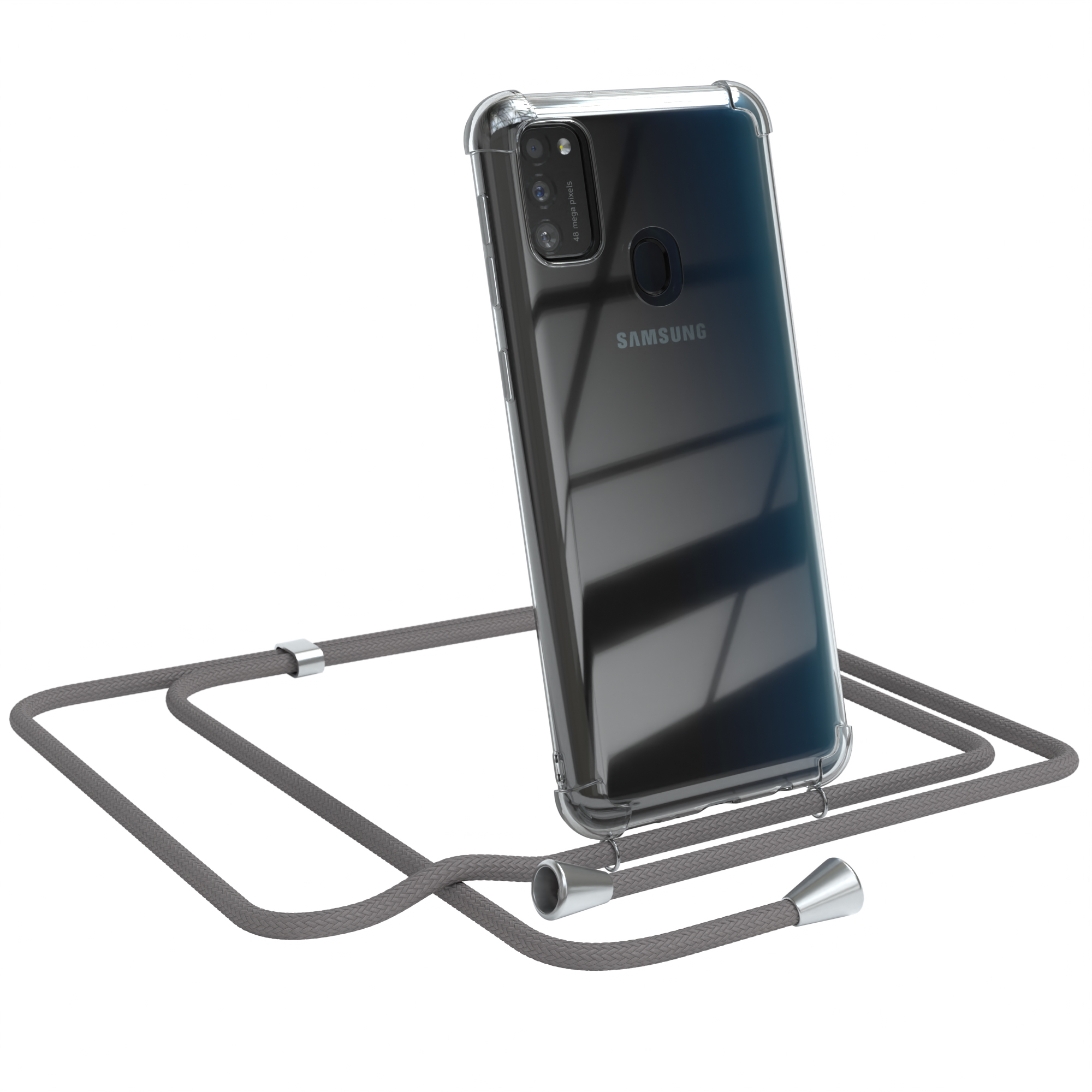 Ein Samsung-Telefon in einer durchsichtigen Hülle mit einem grauen Umhängeband. Das Telefon ist abgewinkelt.
