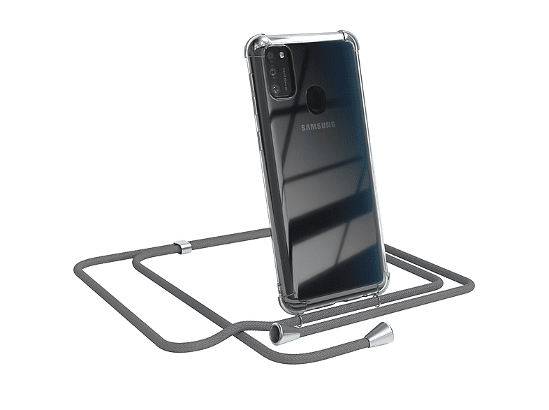 EAZY CASE Clear Cover mit Umhängeband, Umhängetasche, Samsung, Galaxy M30s / M21, Grau / Clips Silber